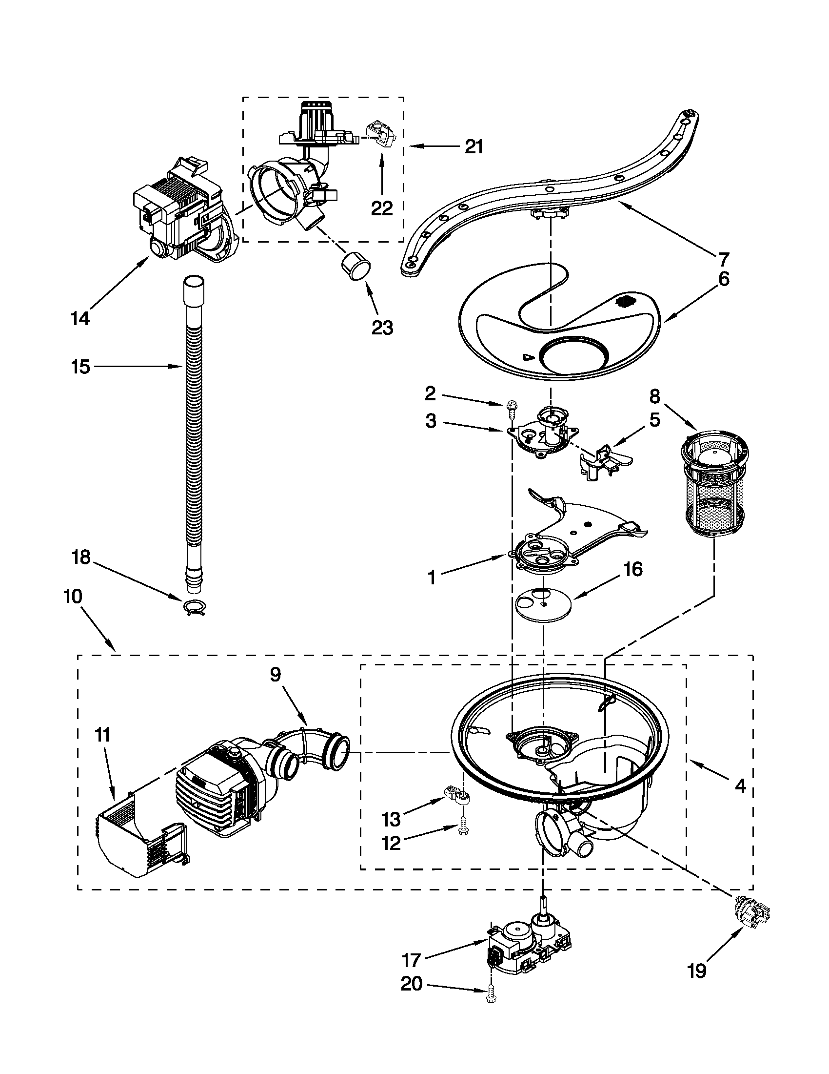 KitchenAid KUDE20IXBL8 pump, washarm and motor parts diagram