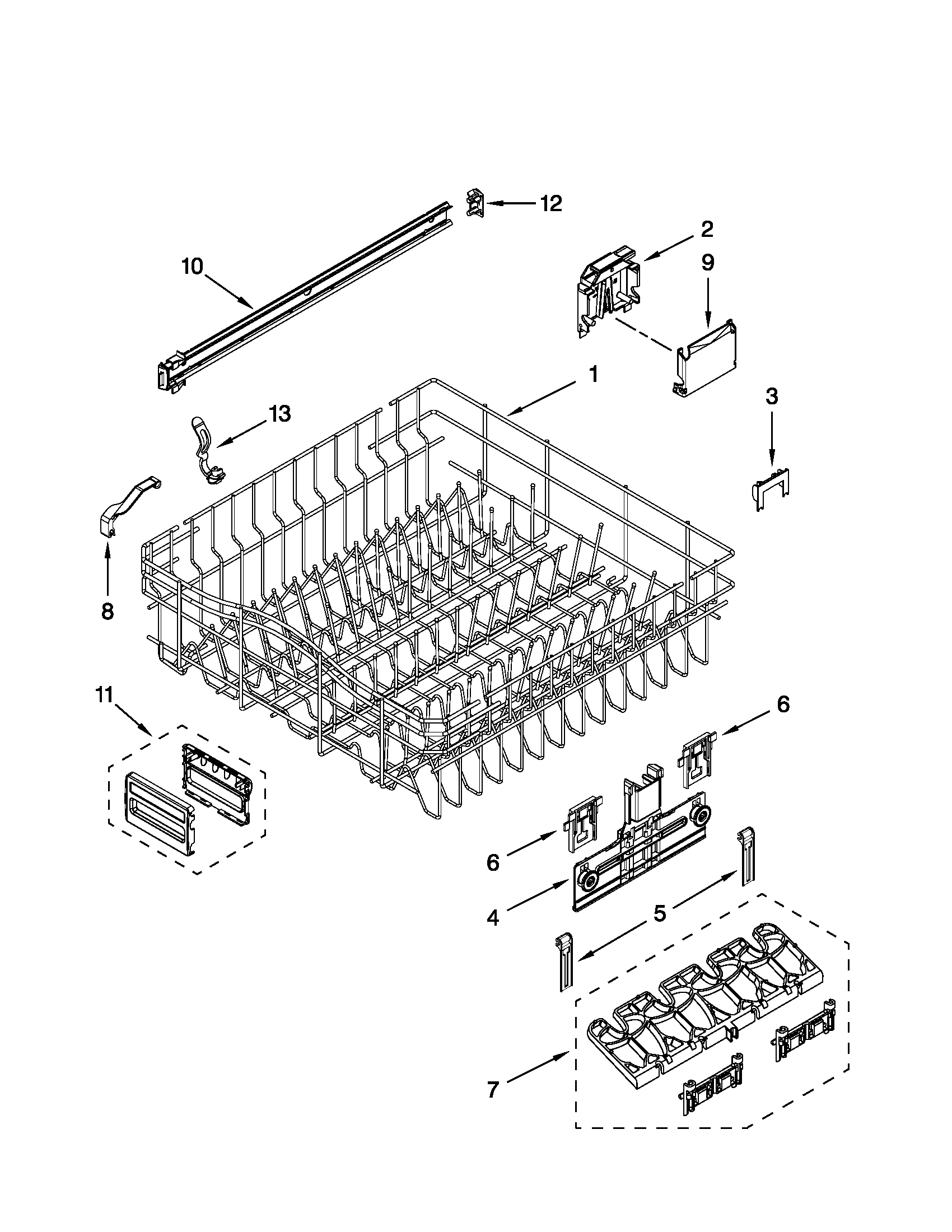 KitchenAid KUDE20IXBL8 upper rack and track parts diagram
