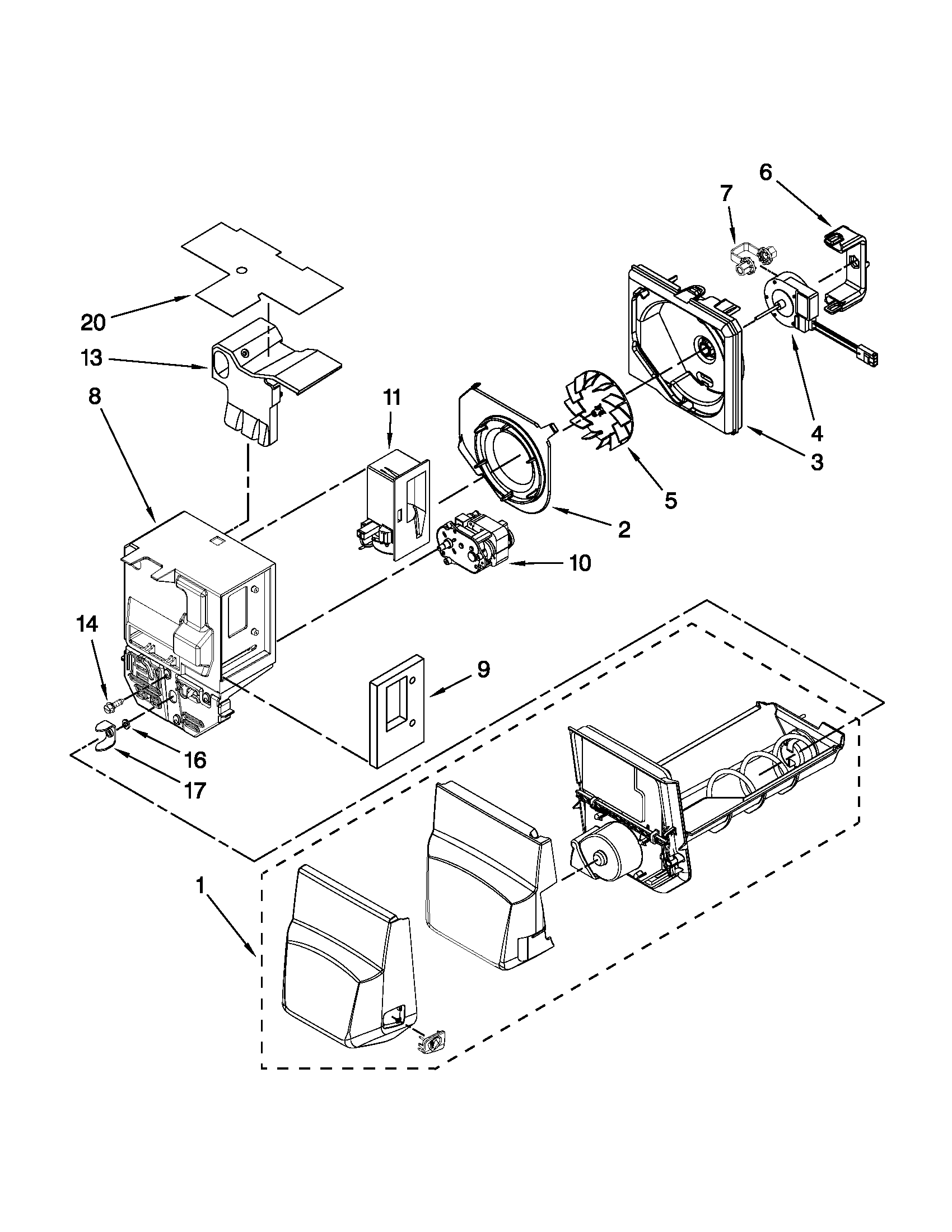 KitchenAid KFIS20XVMS10 motor and ice container parts diagram