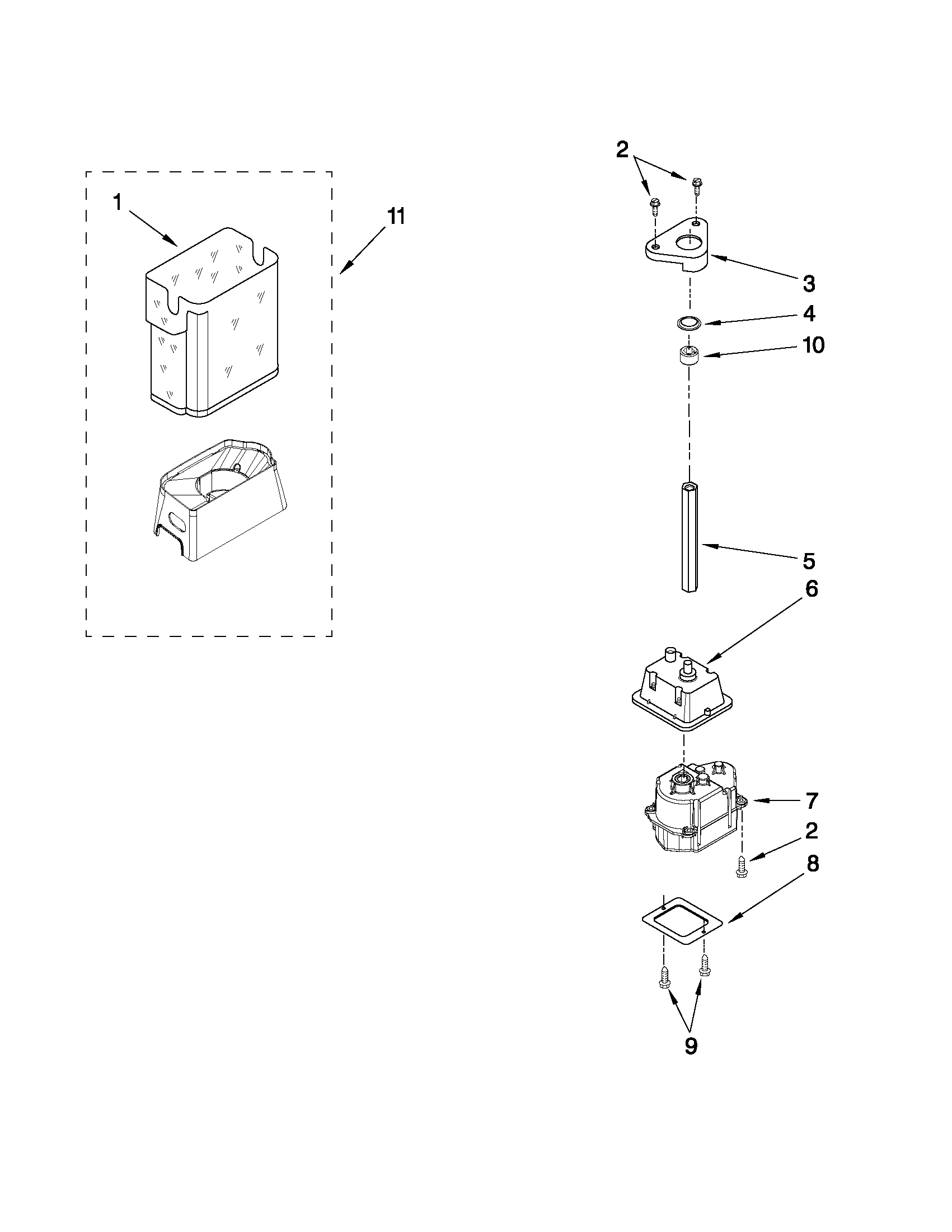 Maytag MSF22C2EXM01 motor and ice container parts diagram