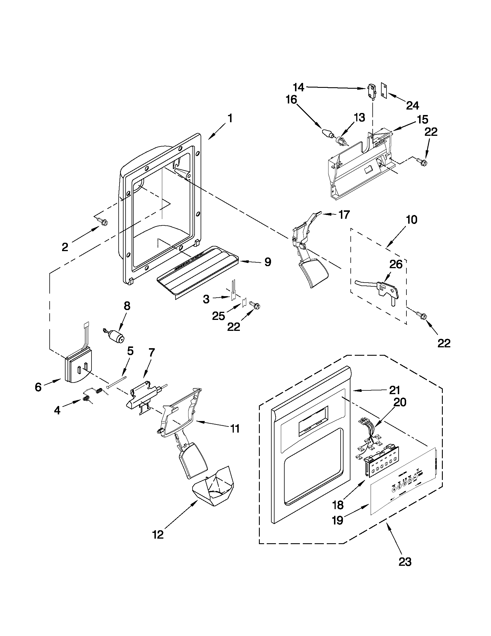 Maytag MSF22C2EXM01 dispenser front parts diagram