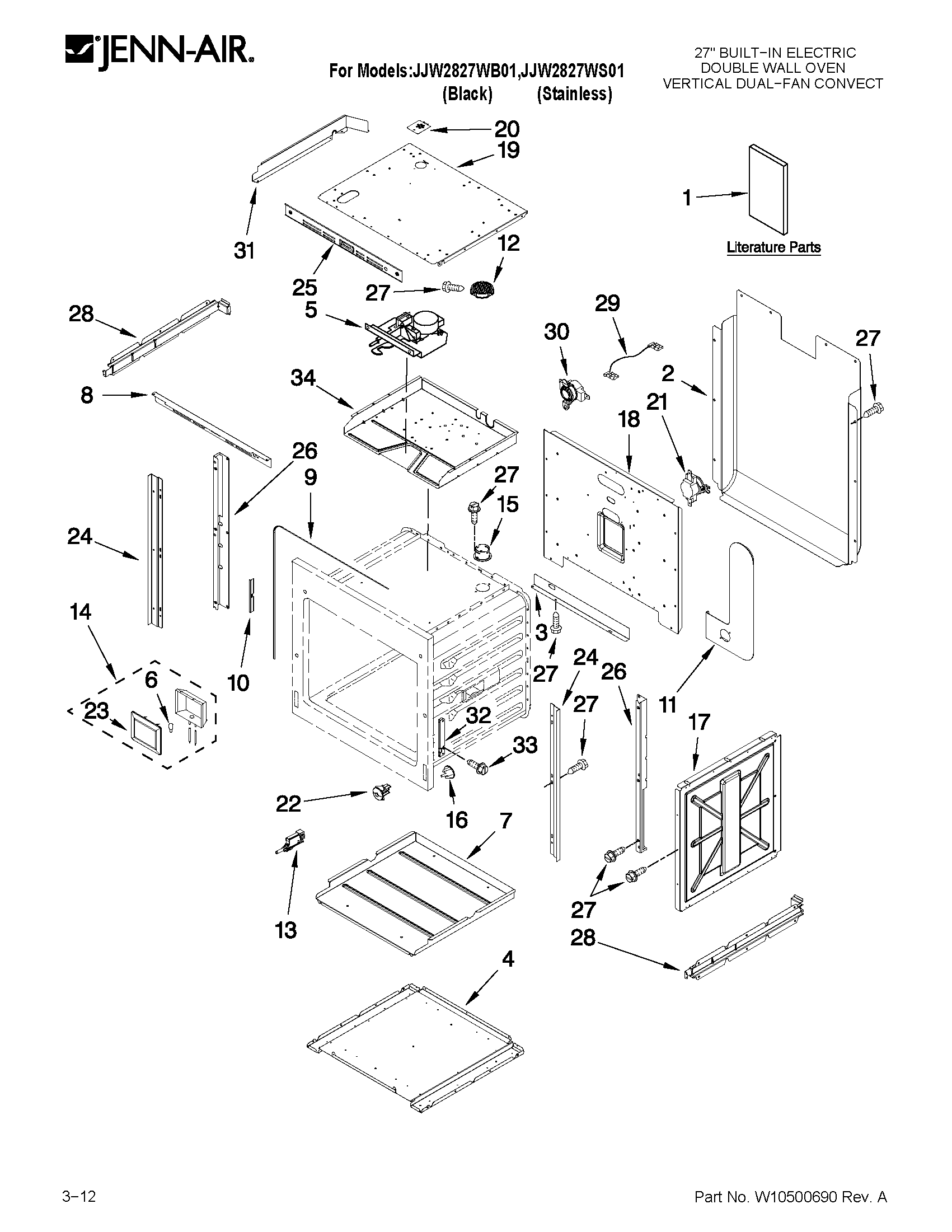 Jenn-Air JJW2827WB01 upper oven parts diagram