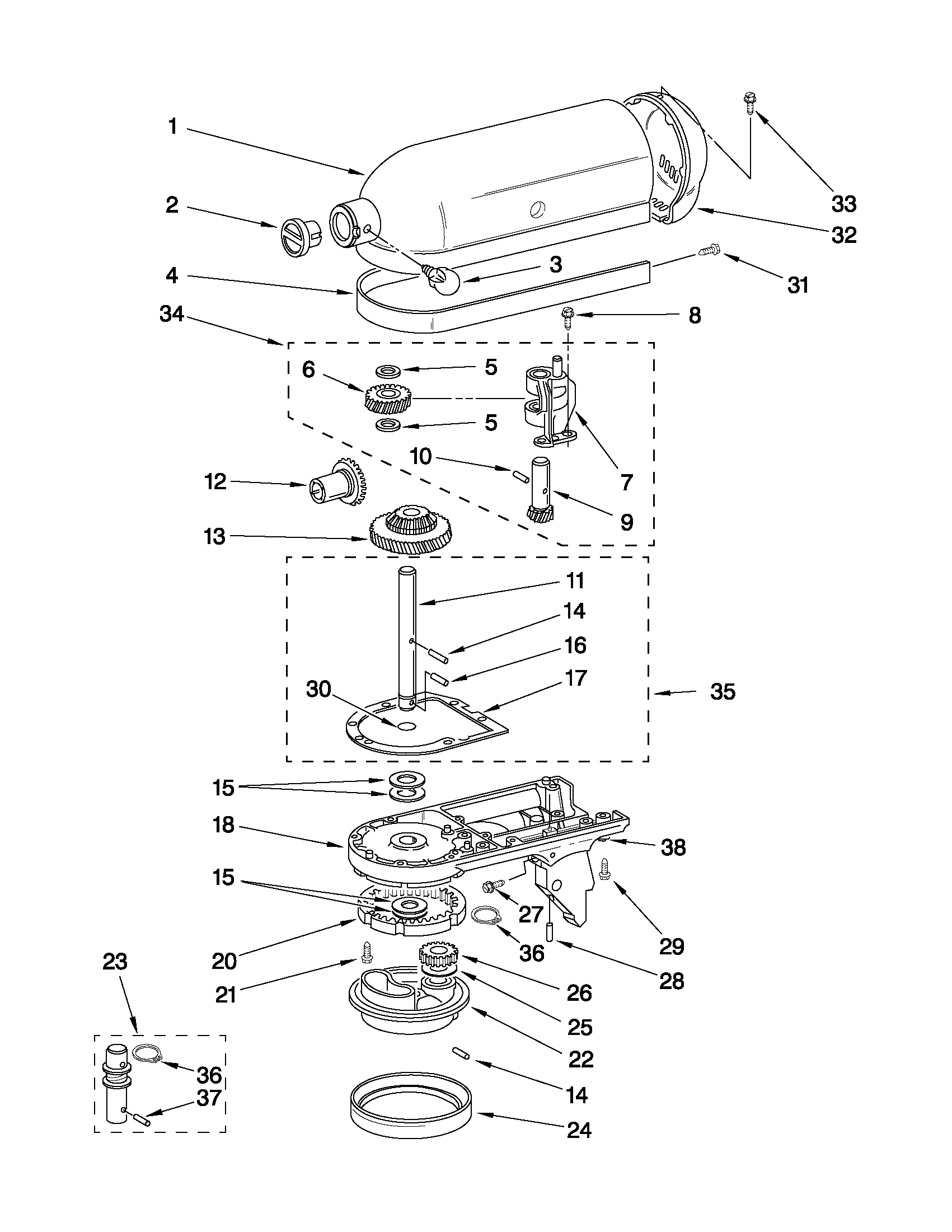 KitchenAid KSM150PSBU1 case, gearing and planetary unit diagram