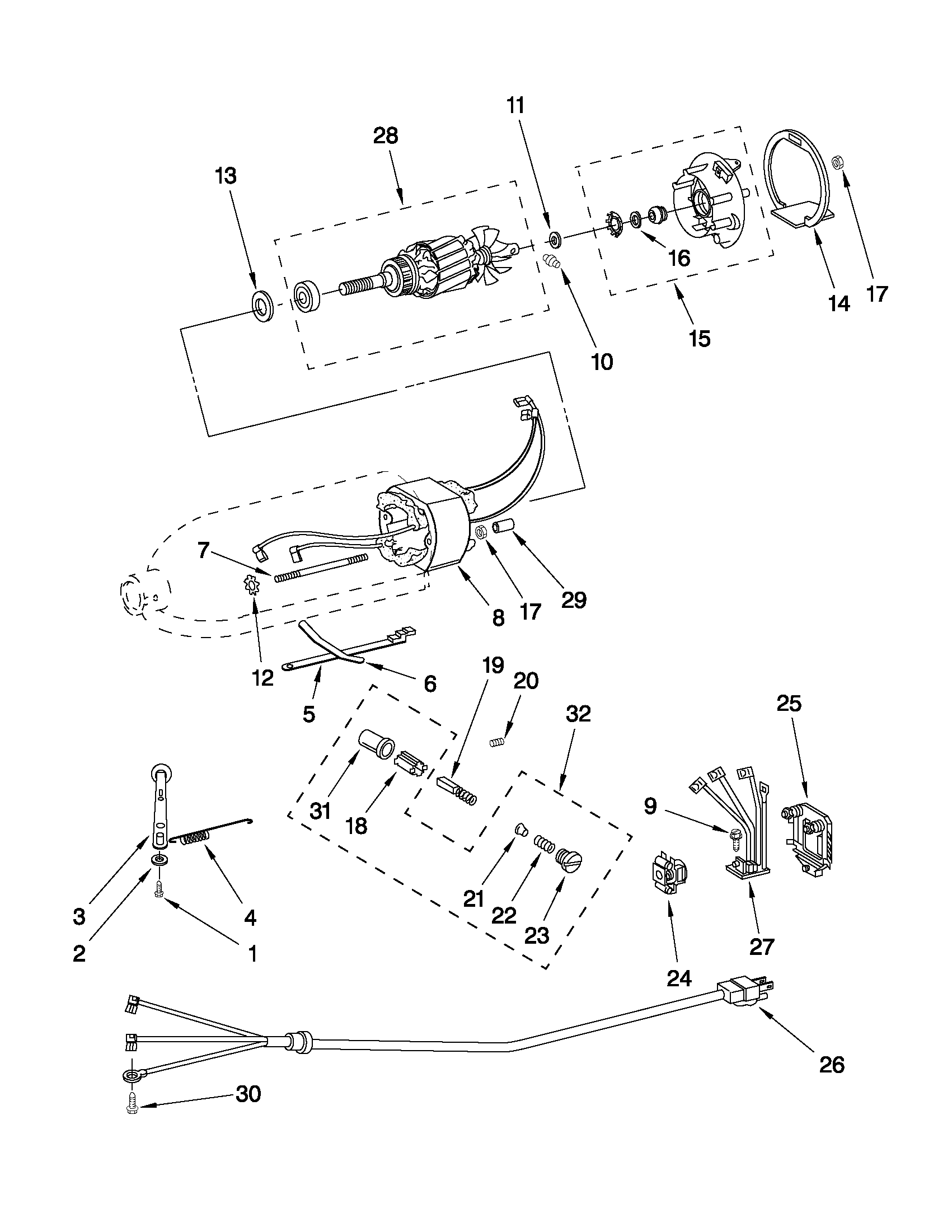 KitchenAid KSM150PSBU1 motor and control parts diagram