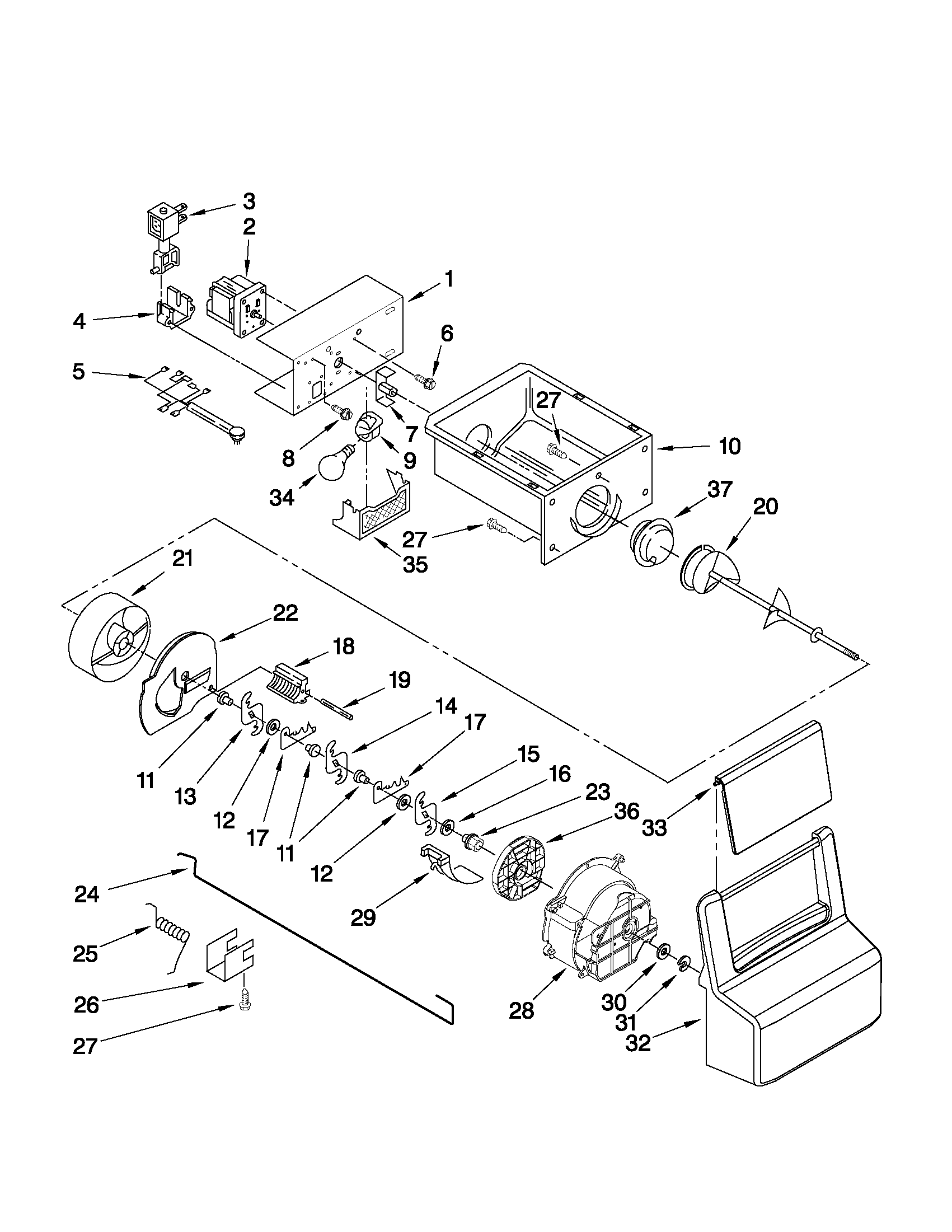 Whirlpool WSF26D4EXL00 motor and ice container parts diagram