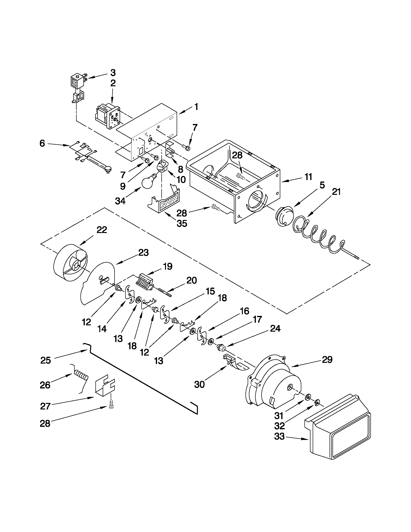 Whirlpool ED5VHEXVQ06 motor and ice container parts diagram