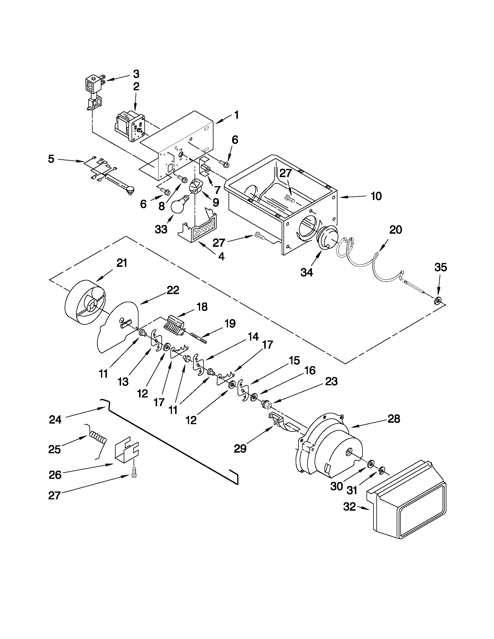 Whirlpool ED5KVEXVB06 motor and ice container parts diagram