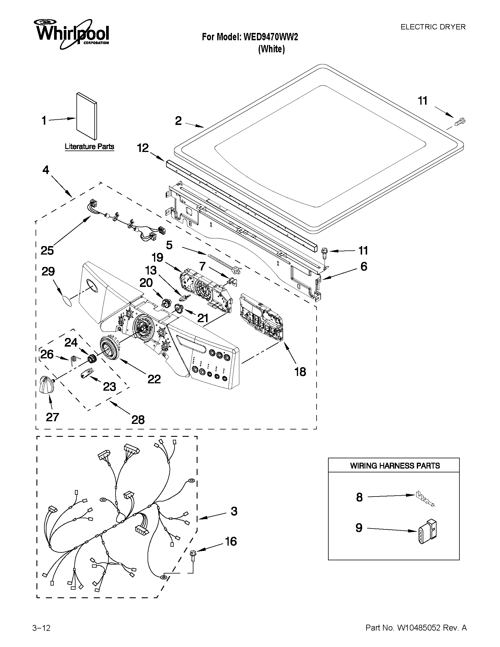 Whirlpool WED9470WW2 top and console parts diagram