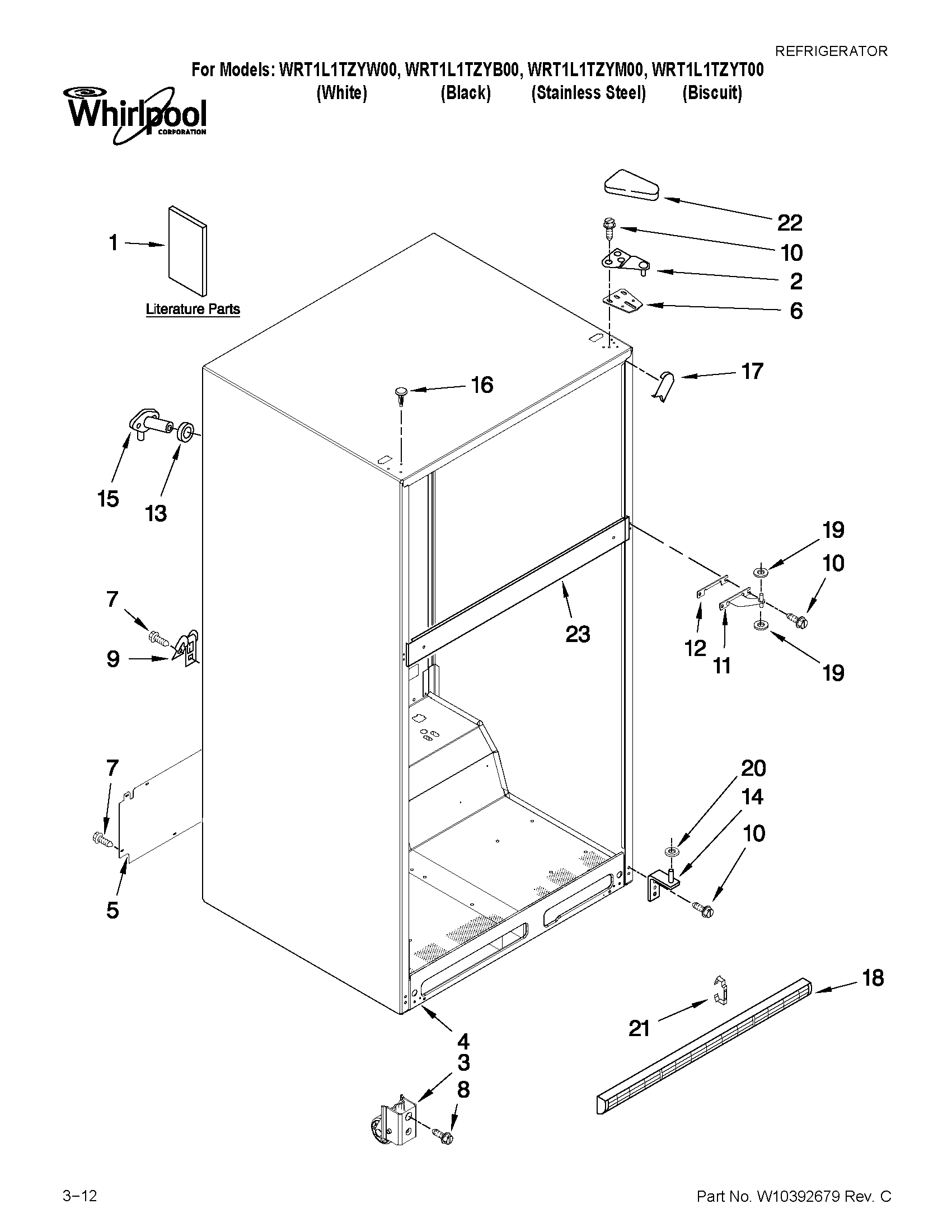 Whirlpool WRT1L1TZYM00 cabinet parts diagram