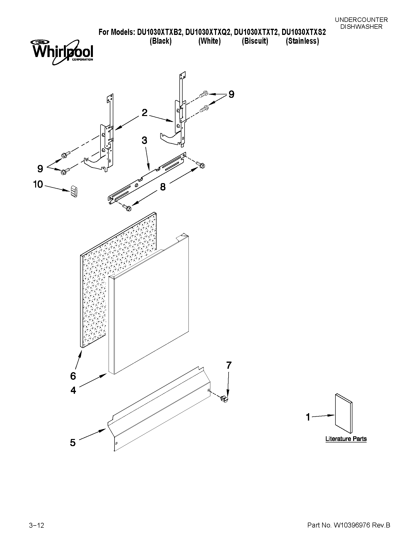 Whirlpool DU1030XTXS2 door and panel parts diagram