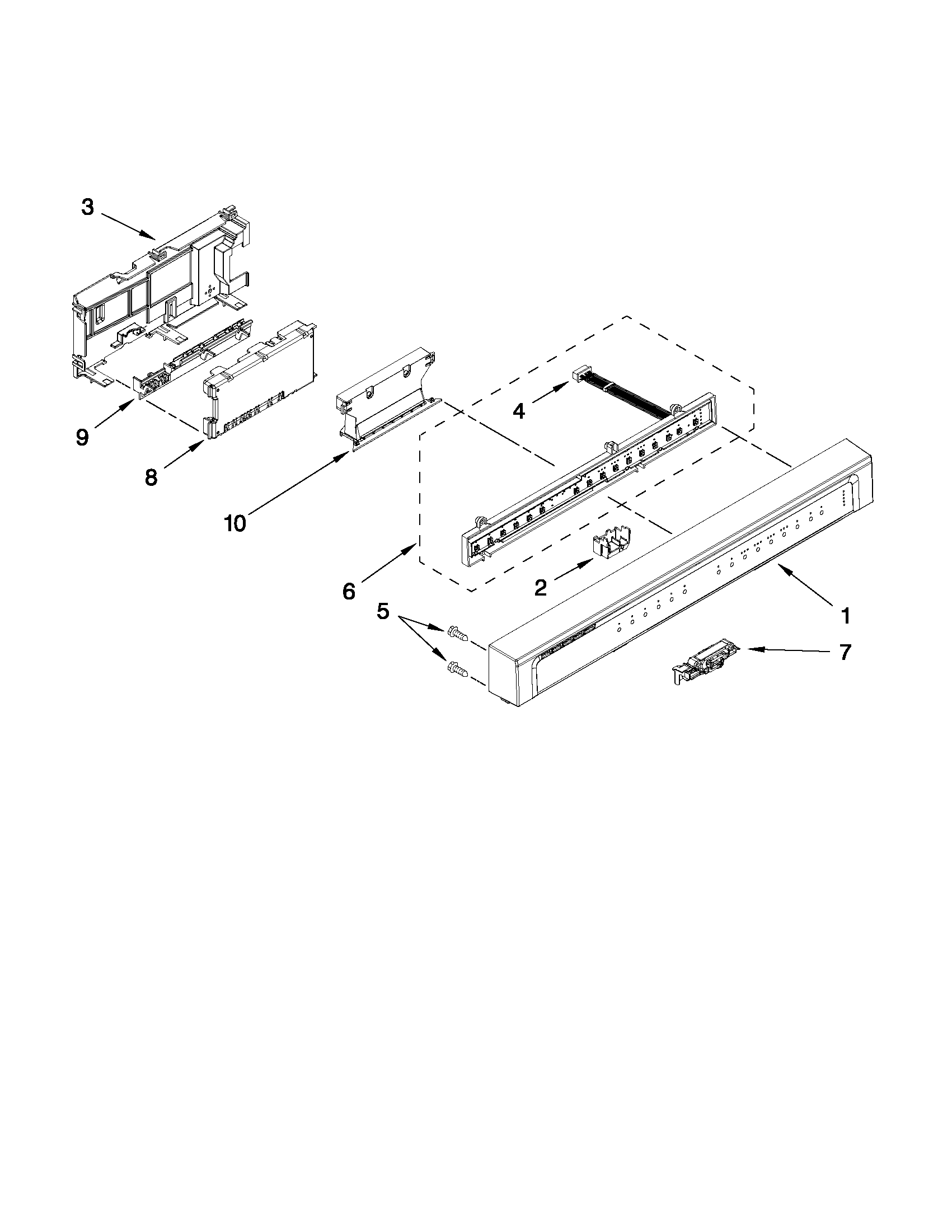 Whirlpool WDF730PAYM0 control panel and latch parts diagram