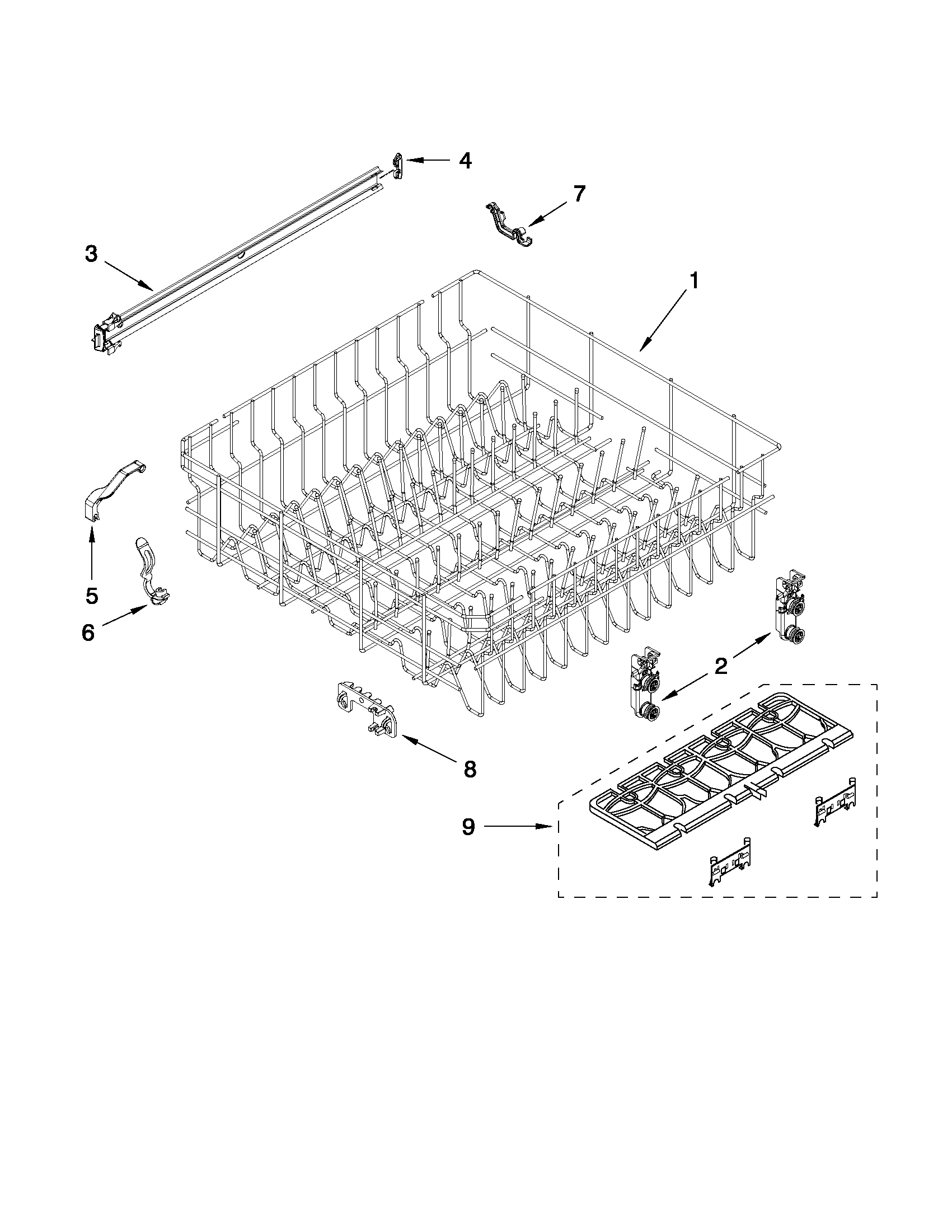 Whirlpool WDF730PAYM0 upper rack and track parts diagram