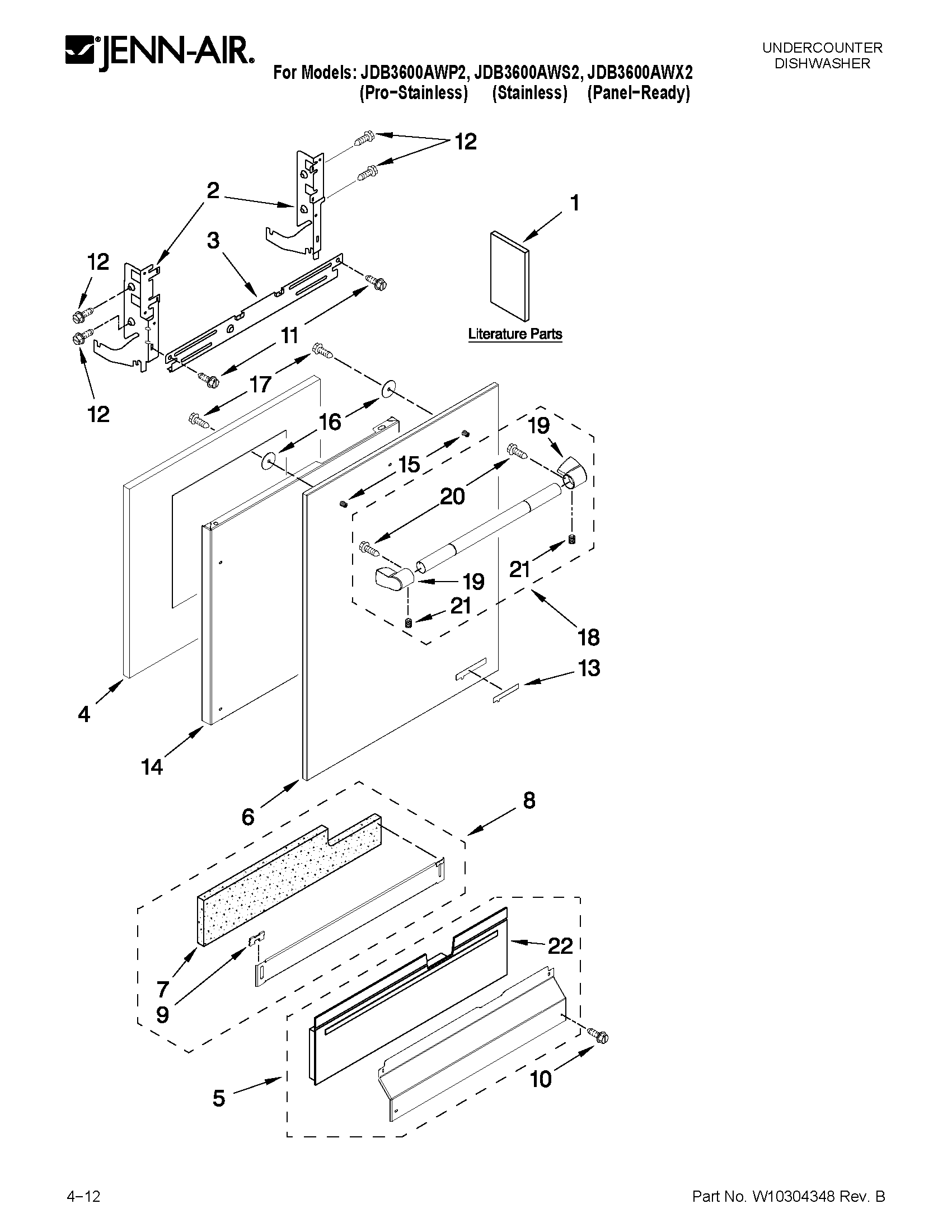 Jenn-Air JDB3600AWS2 door and panel parts diagram