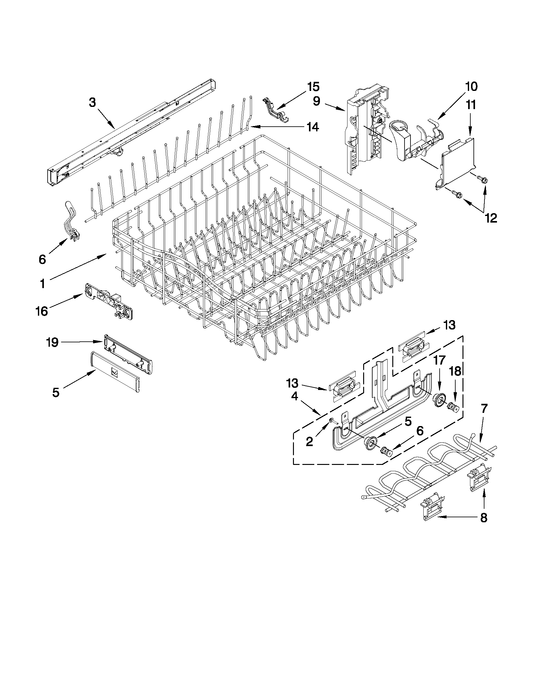 Jenn-Air JDB3600AWS2 upper rack and track parts diagram
