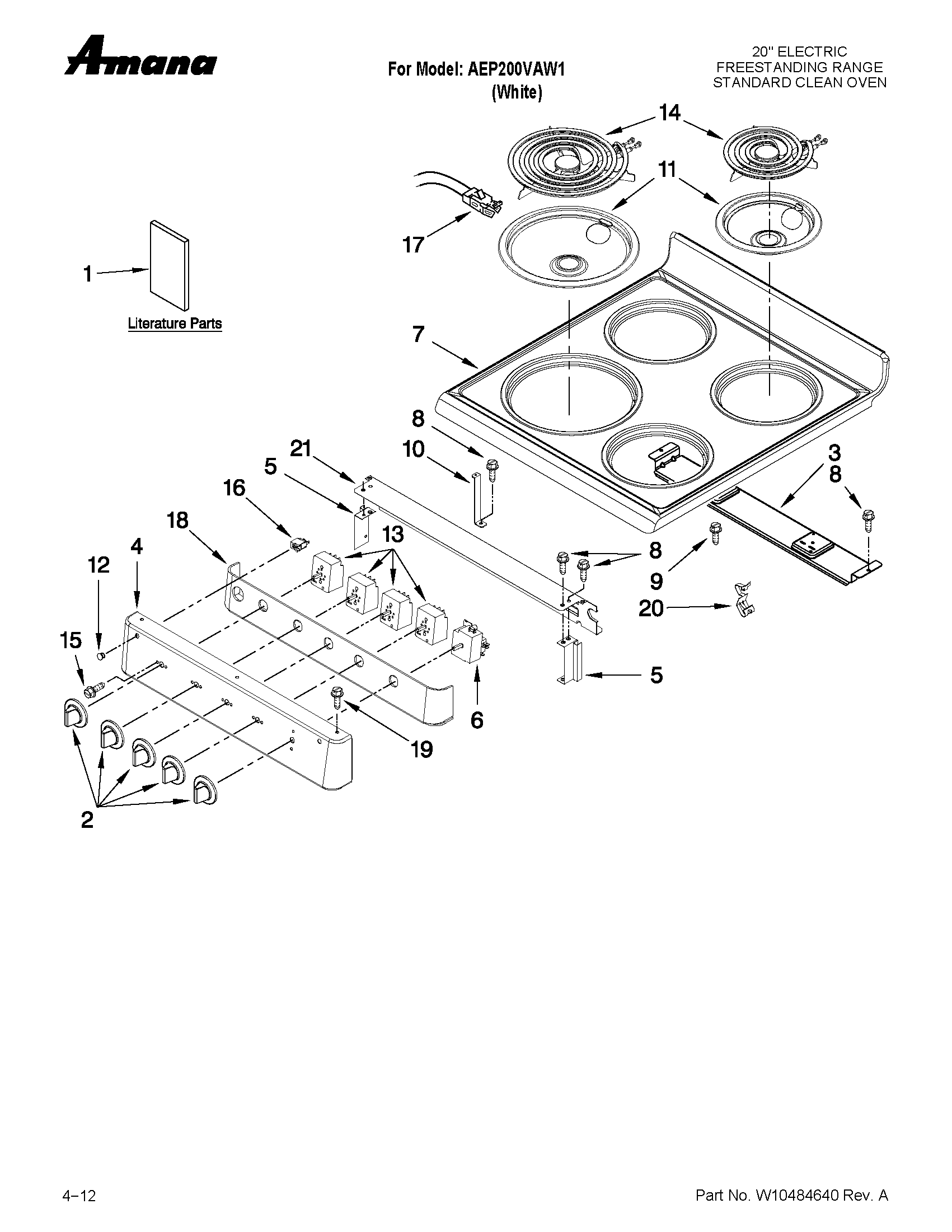 Amana AEP200VAW1 cooktop parts diagram