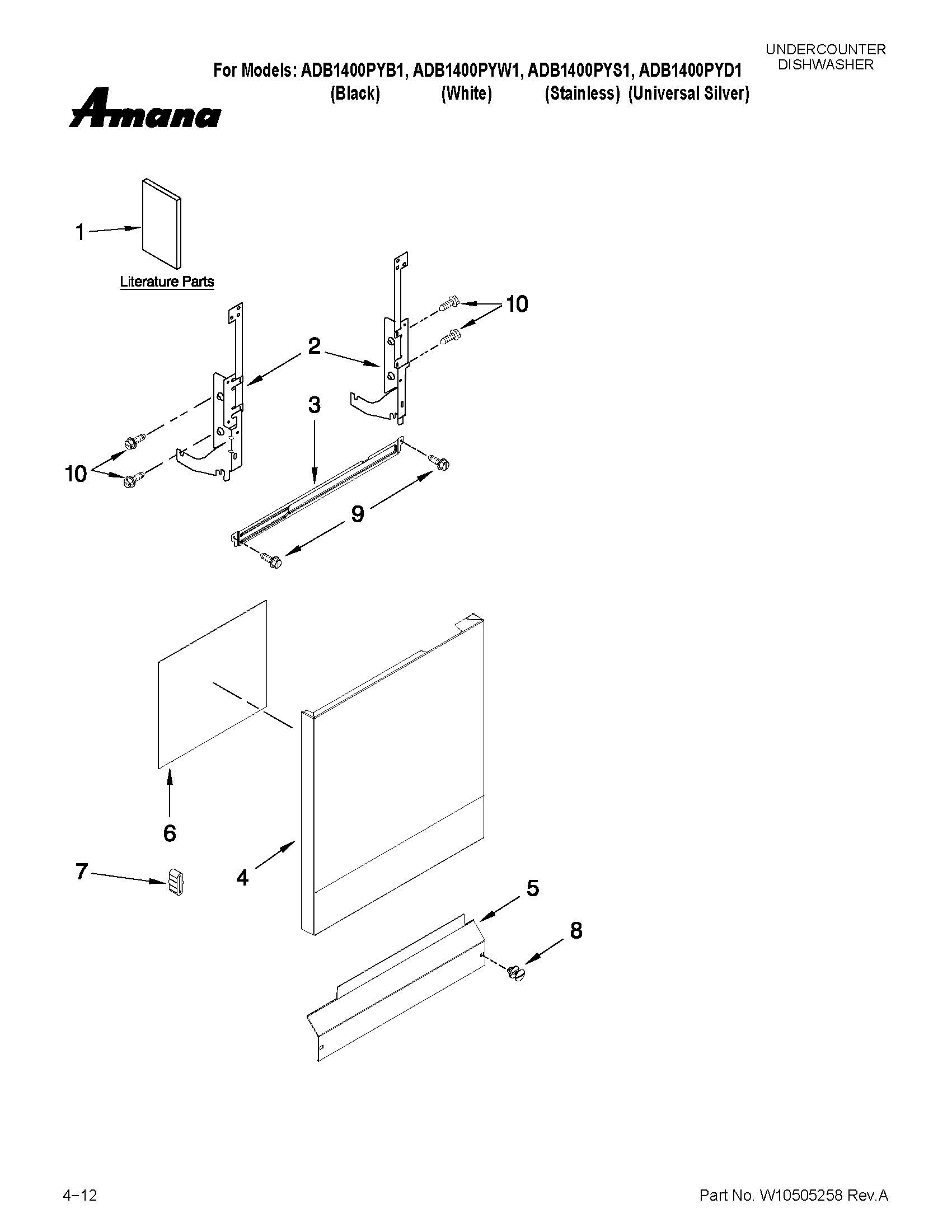 Amana ADB1400PYW1 door and panel parts diagram