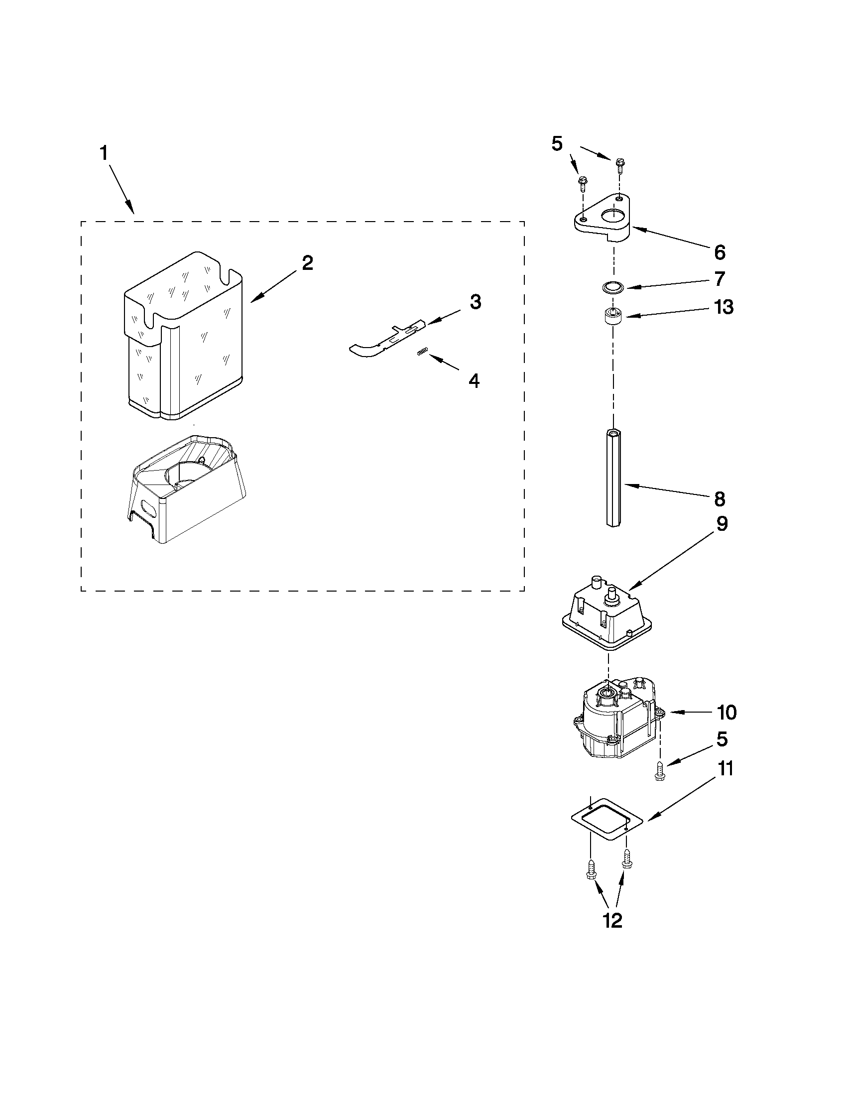 Whirlpool ED5FVAXWL01 motor and ice container parts diagram