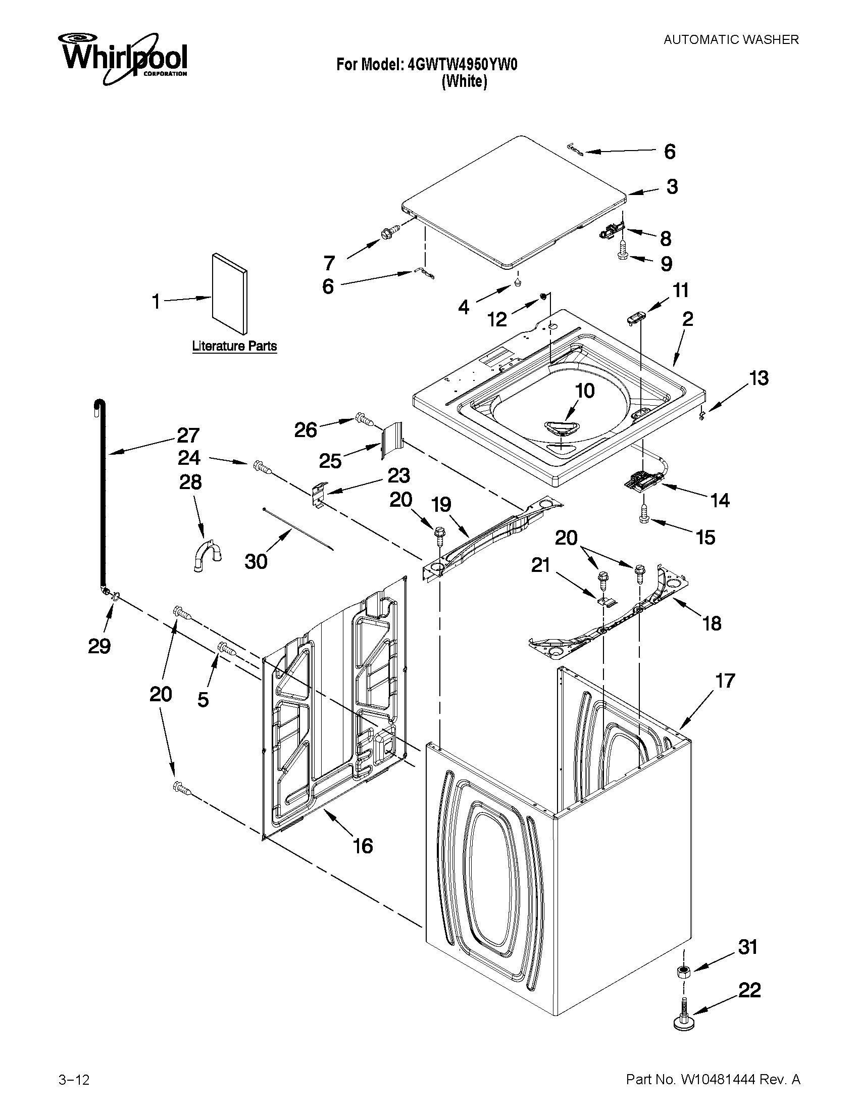 Whirlpool 4GWTW4950YW0 top and cabinet parts diagram