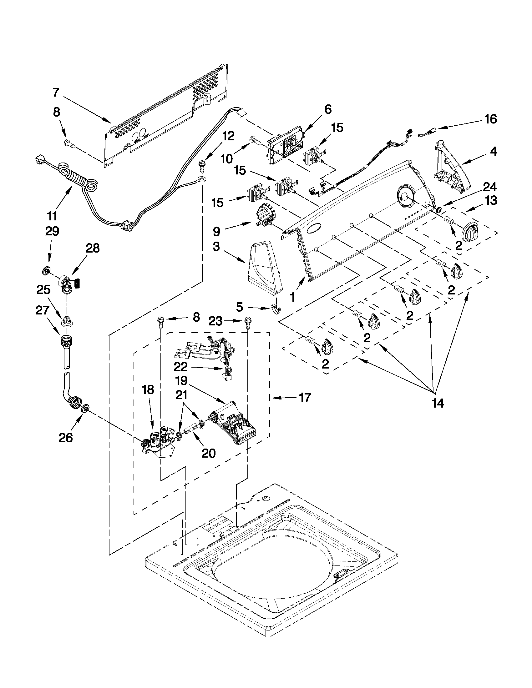 Whirlpool 4GWTW4950YW0 controls and water inlet parts diagram