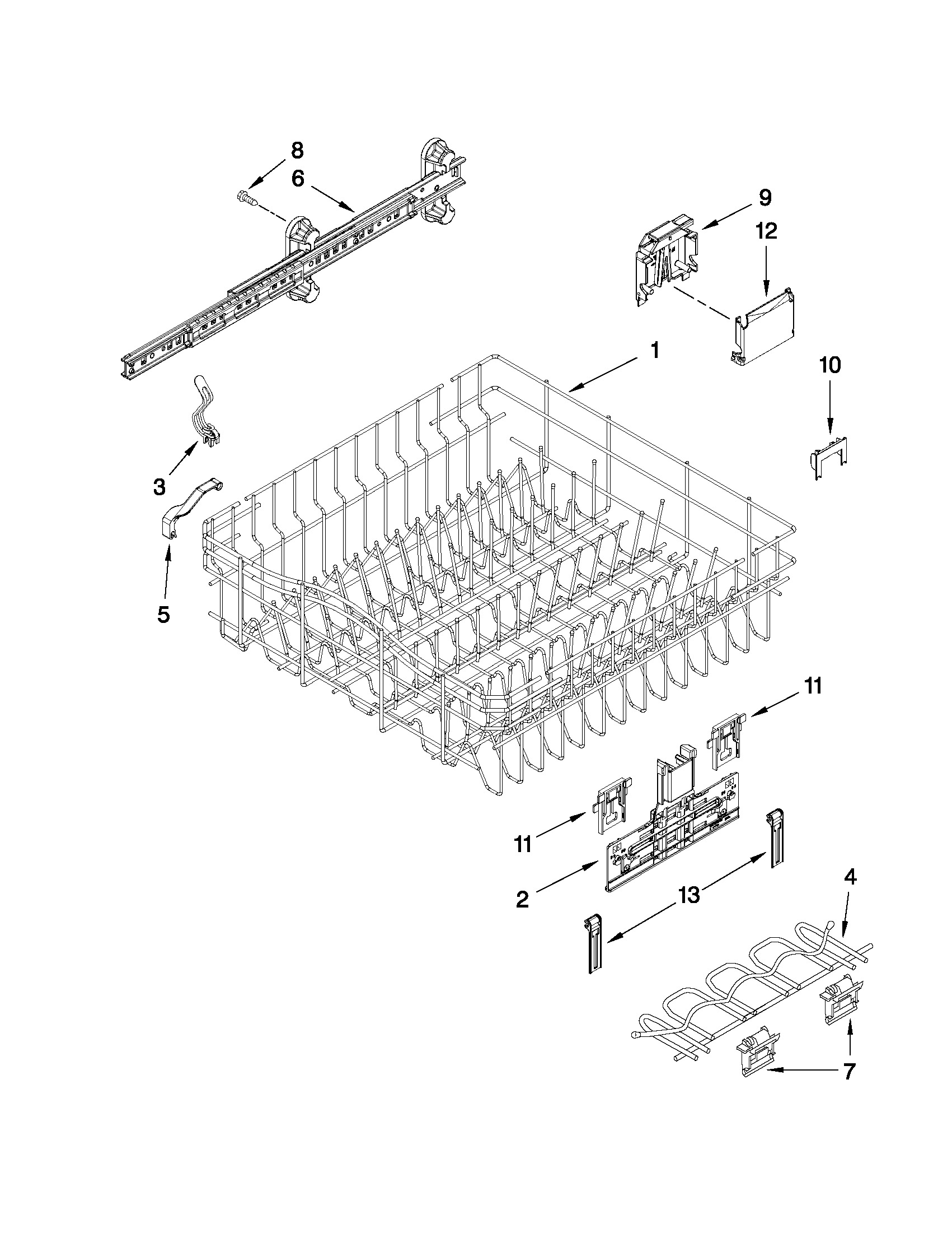 Whirlpool BLB14BRANA0 upper rack and track parts diagram