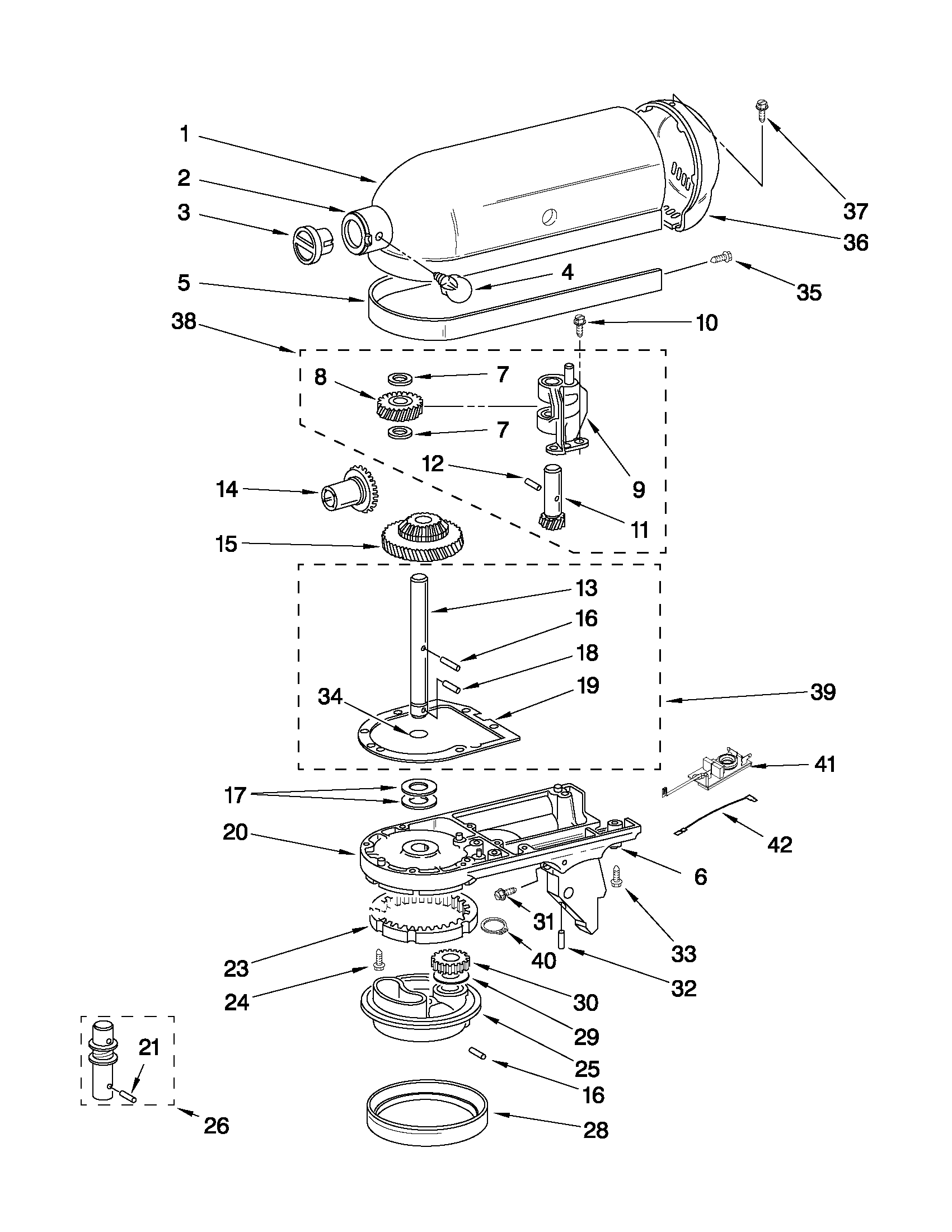 KitchenAid 5K45SSCWH0 case, gearing and planetary unit diagram