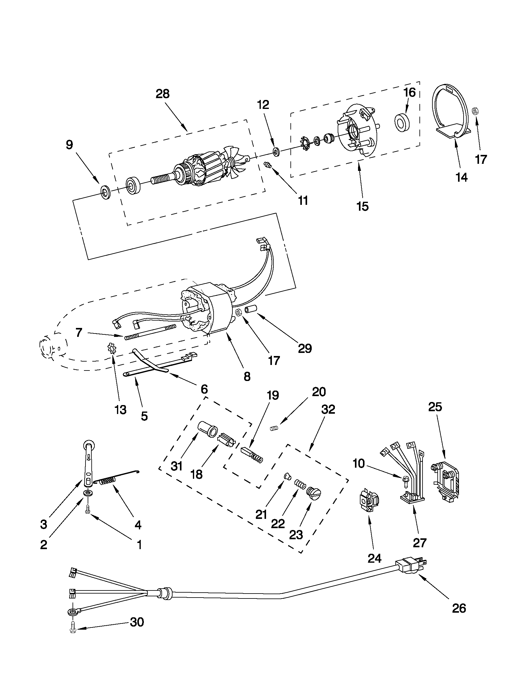KitchenAid 5K45SSCWH0 motor and control parts diagram