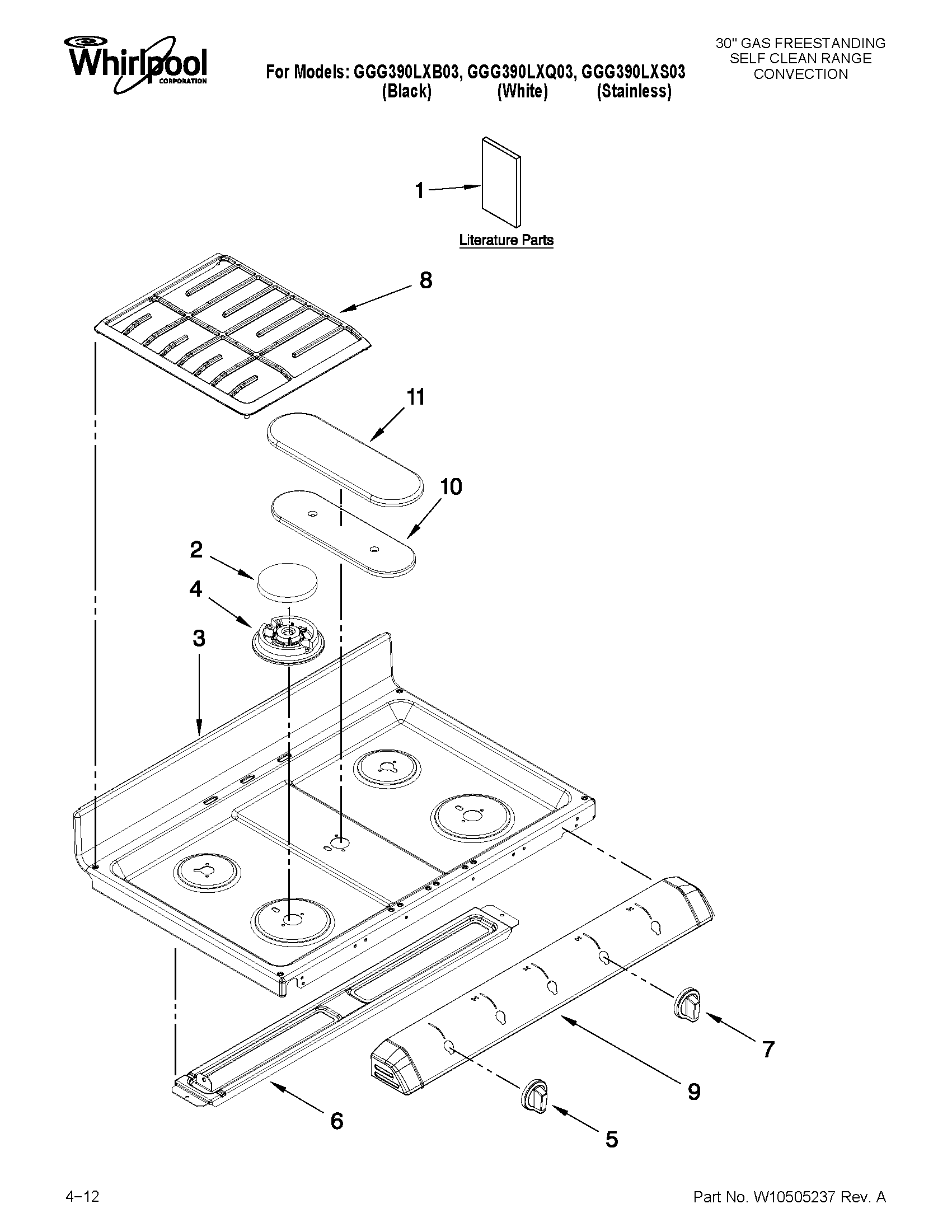 Whirlpool GGG390LXB03 cooktop parts diagram
