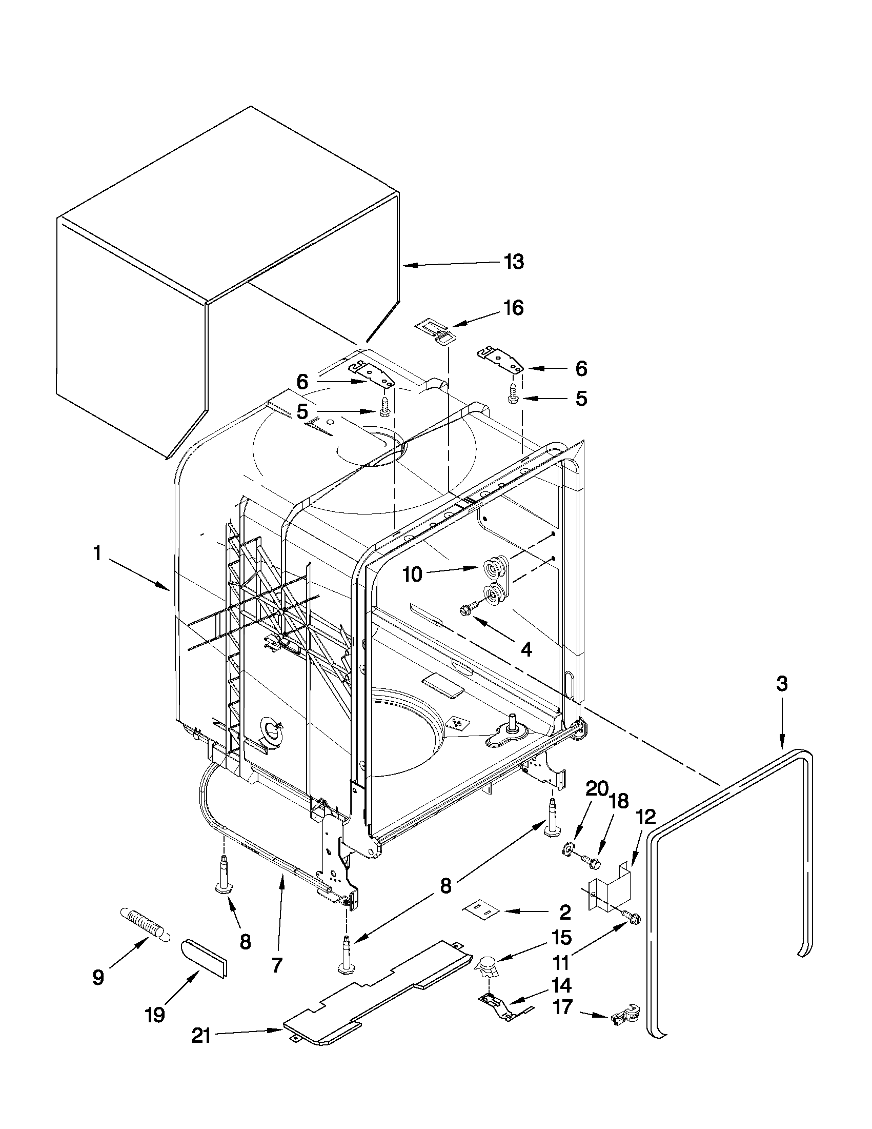 Whirlpool WDF530PAYT3 tub and frame parts diagram