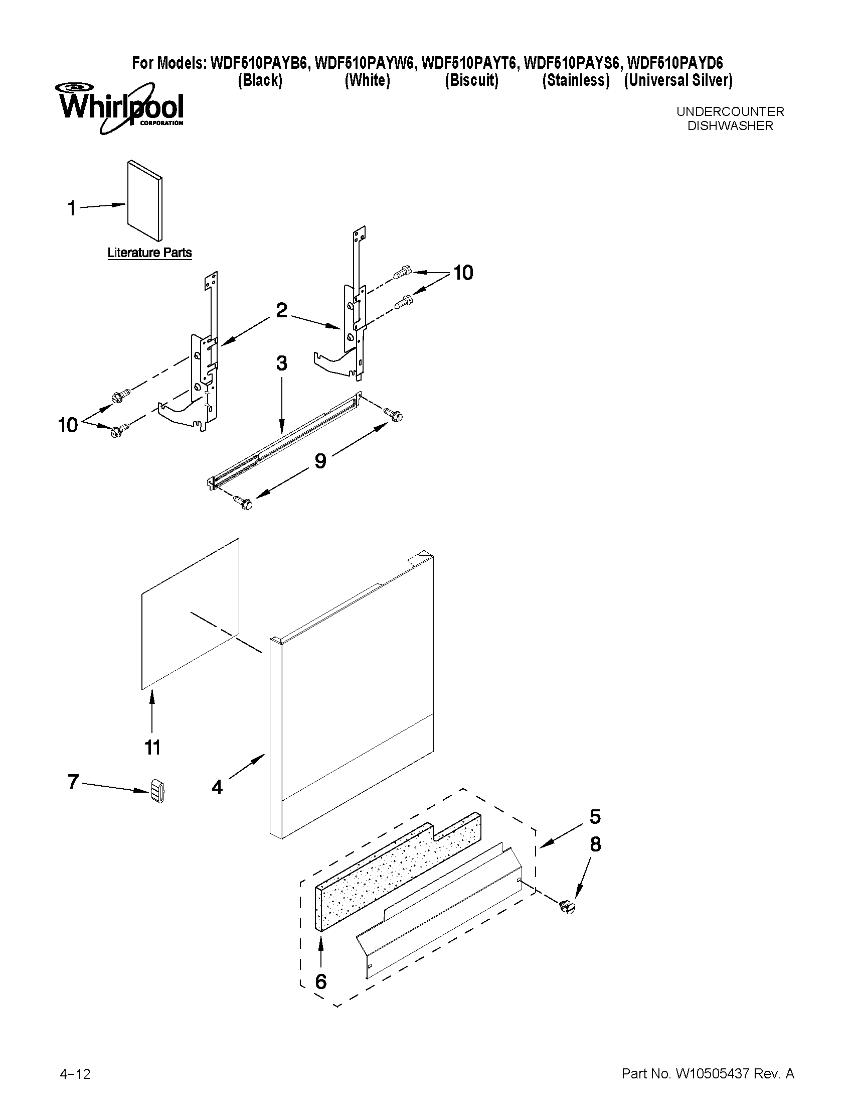 Whirlpool WDF510PAYS6 door and panel parts diagram