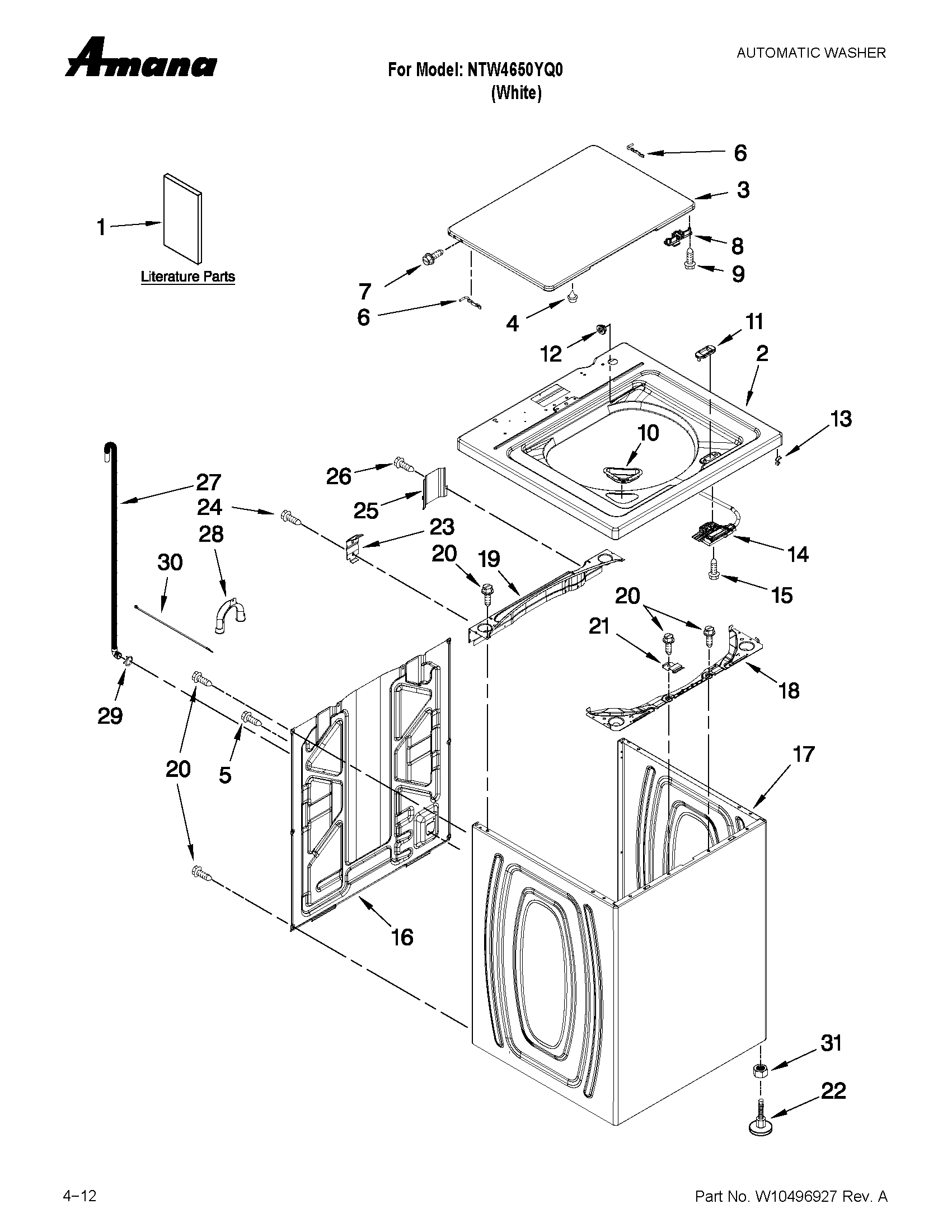 Amana NTW4650YQ0 top and cabinet parts diagram