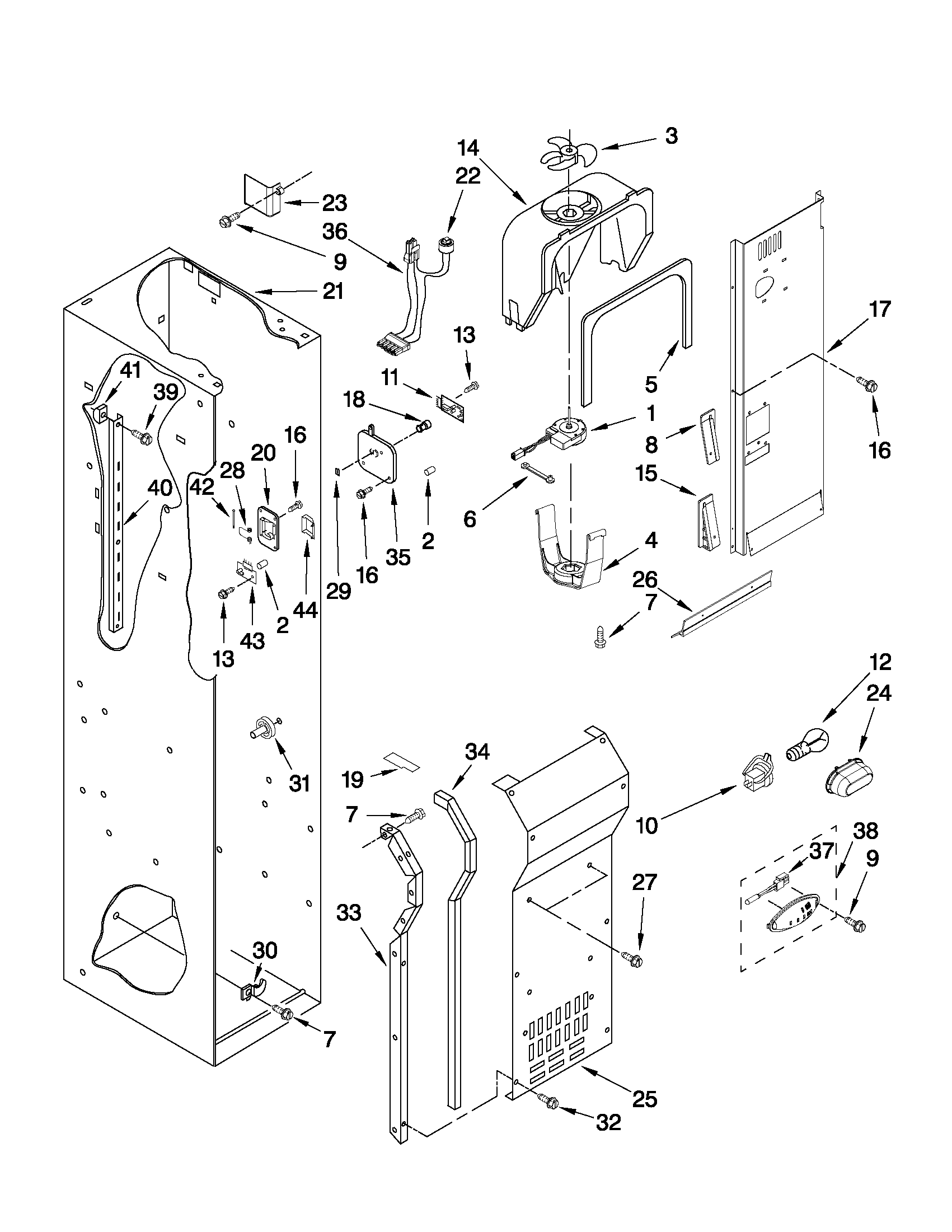 Jenn-Air JS42PPDUDB14 freezer liner and air flow parts diagram