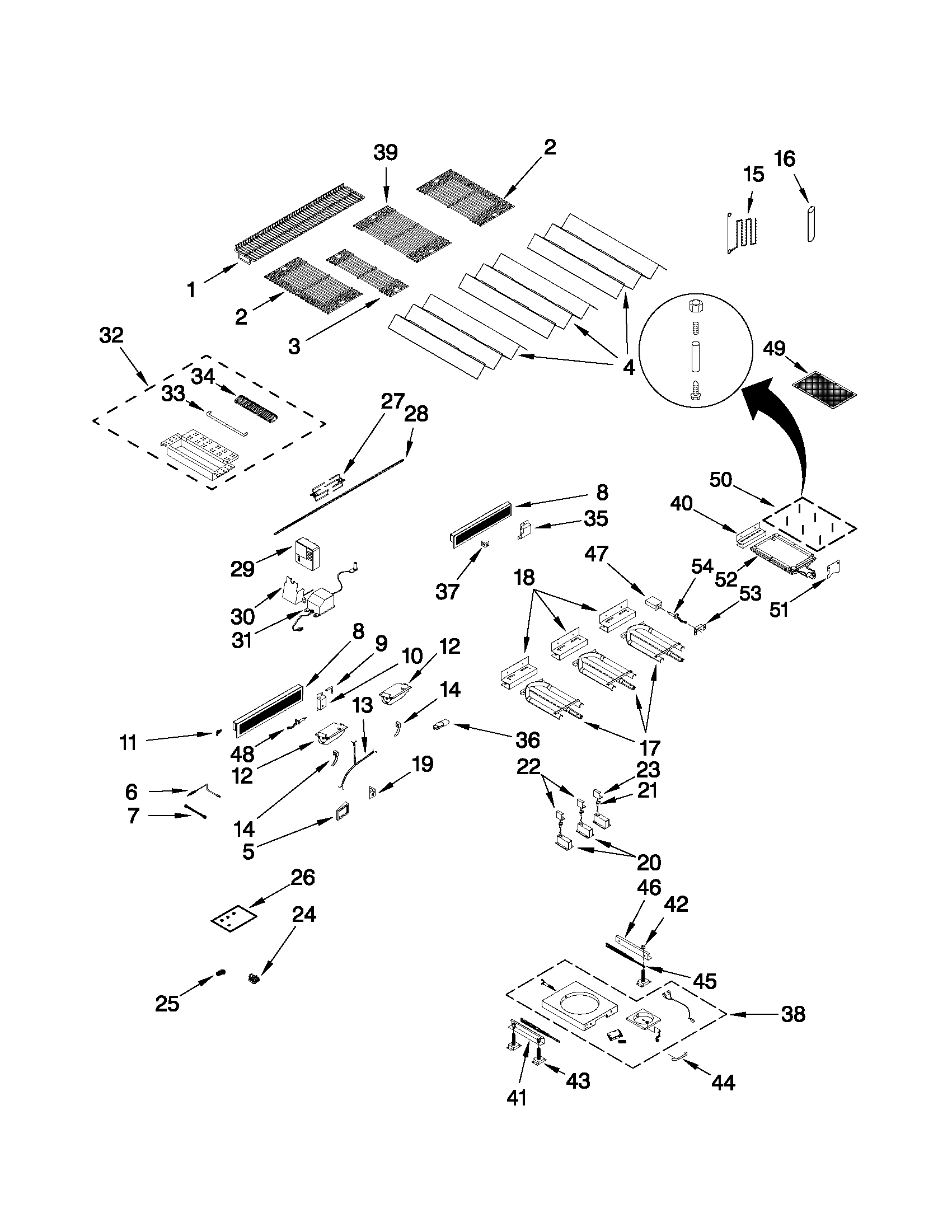 KitchenAid KBNU487VSS00 burners, grates, and lights parts diagram