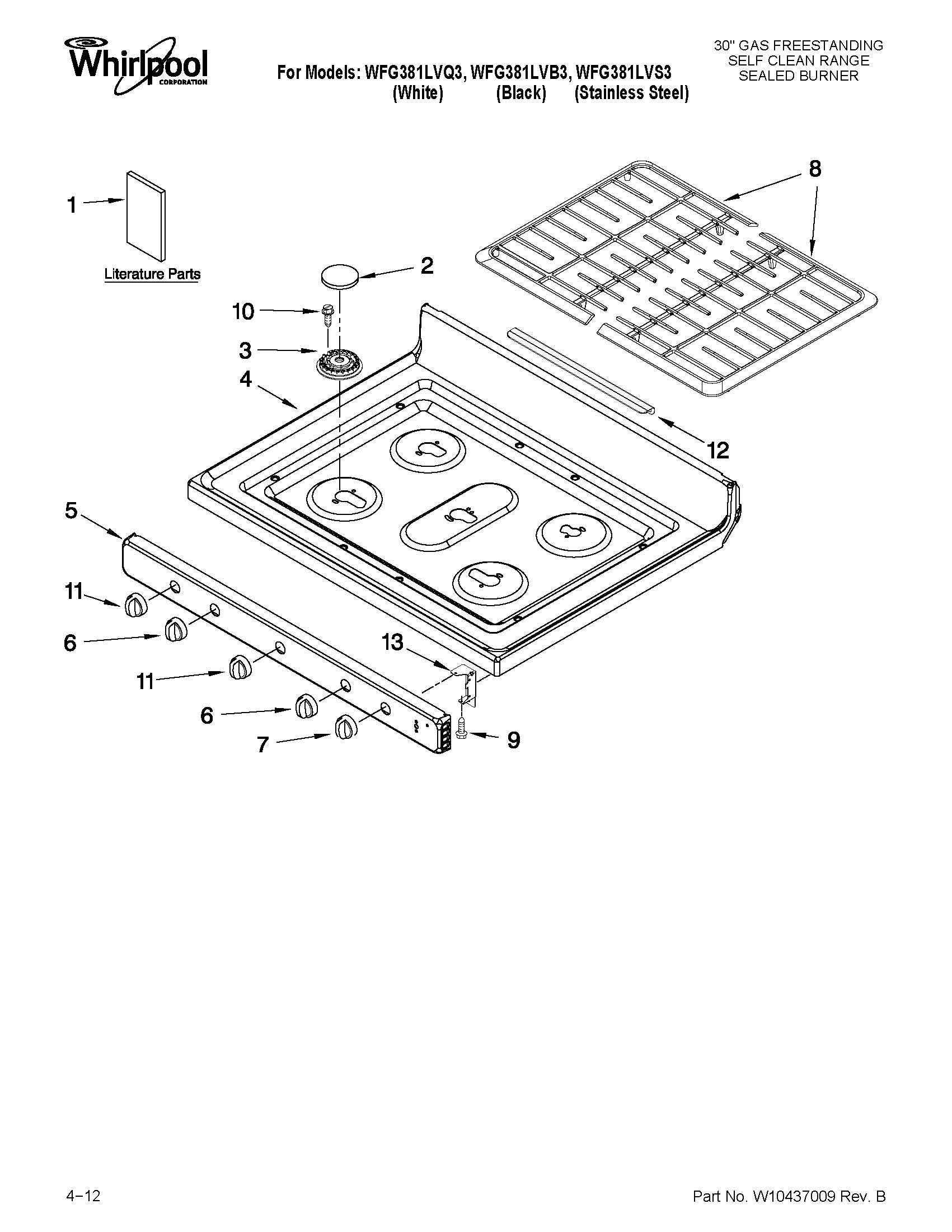 Whirlpool WFG381LVB3 cooktop parts diagram