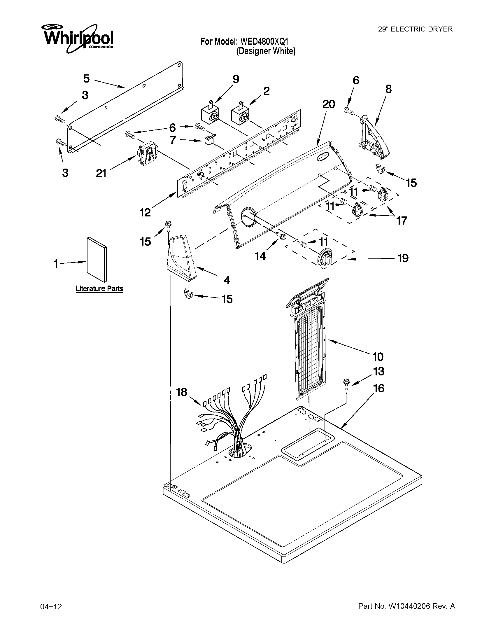 Whirlpool WED4800XQ1 top and console parts diagram