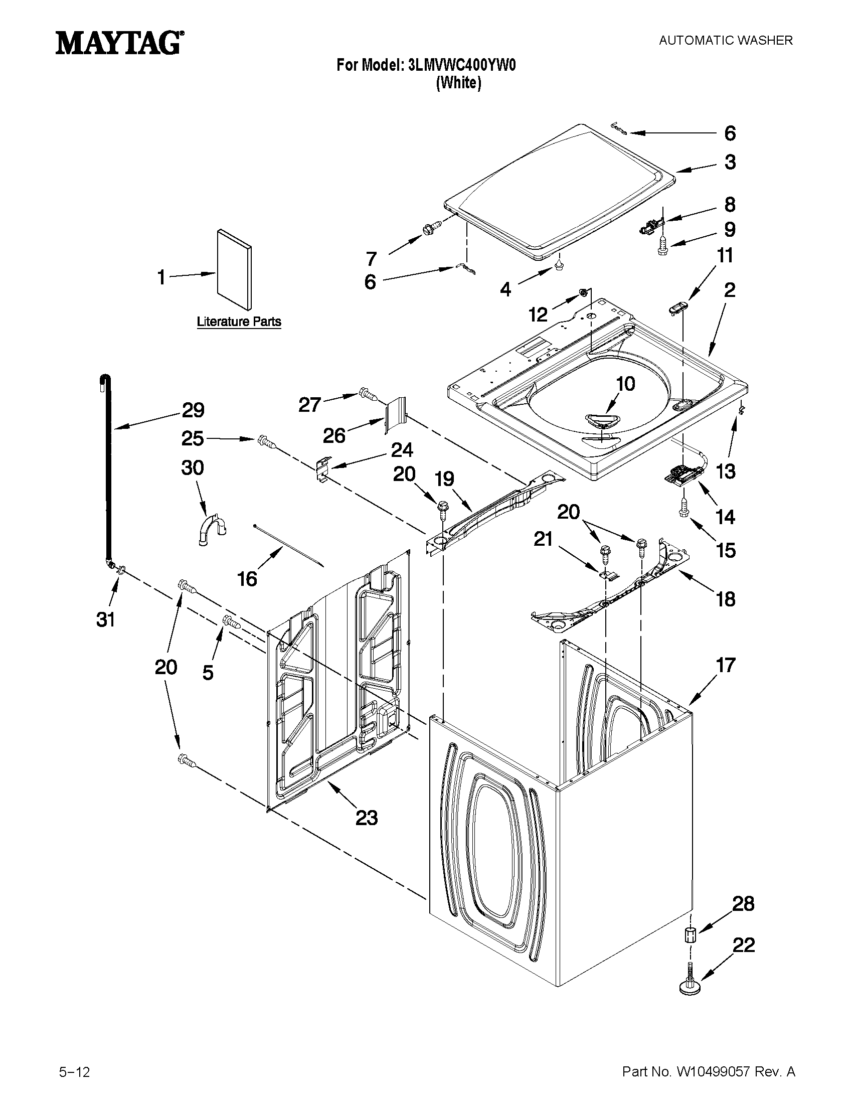 Maytag 3LMVWC400YW0 top and cabinet parts diagram