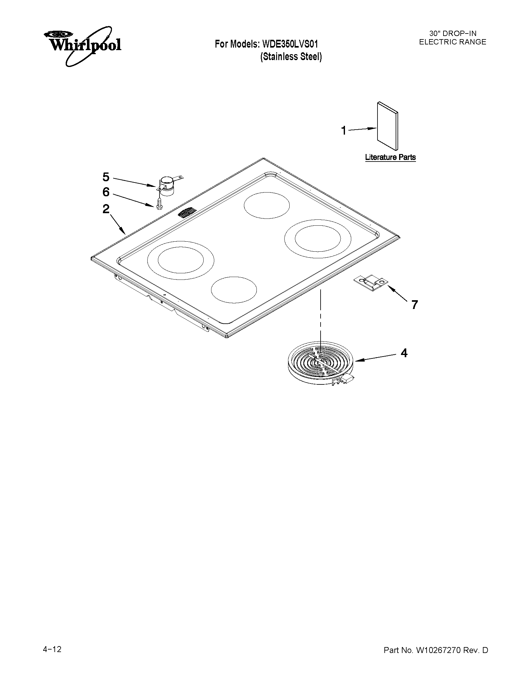 Whirlpool WDE350LVS01 cooktop parts diagram