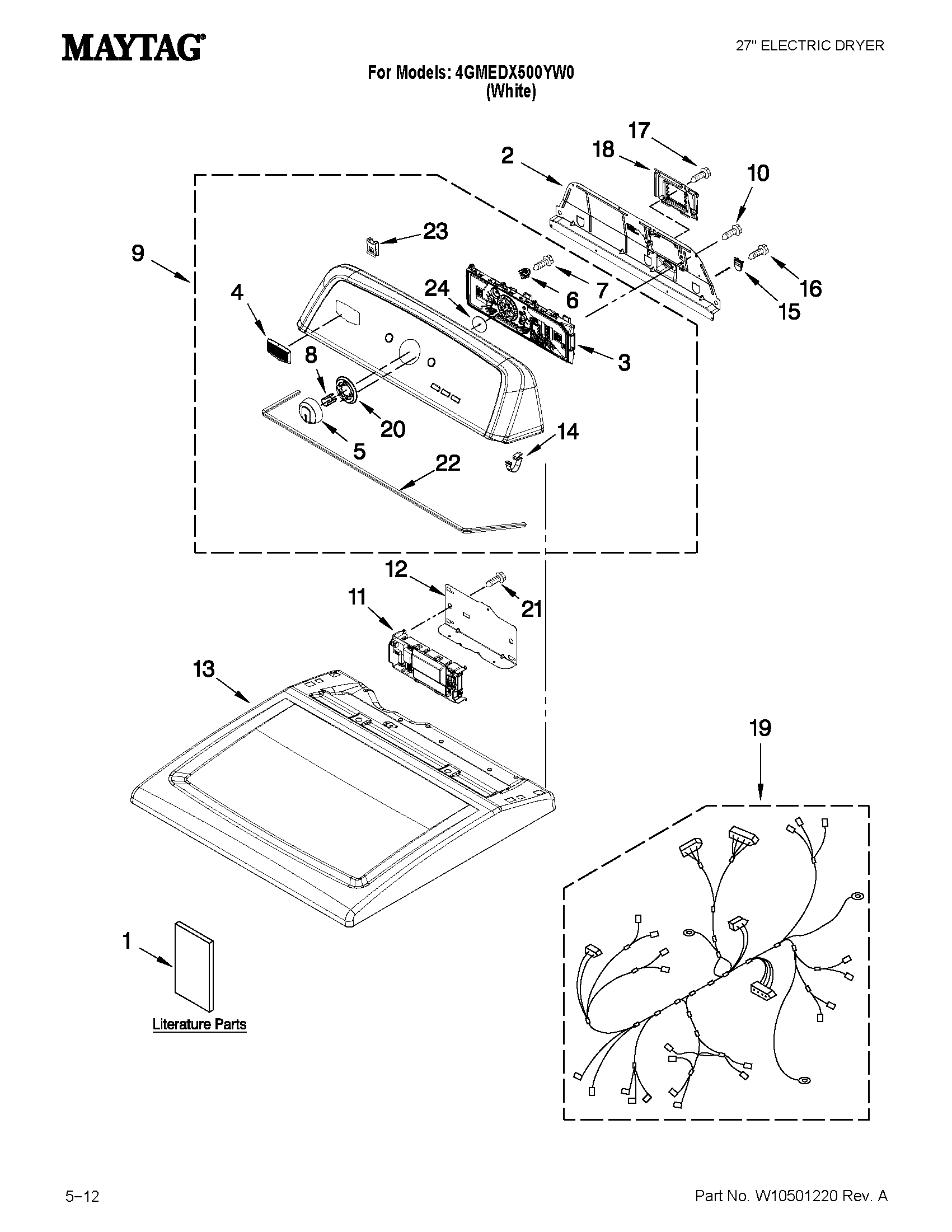 Maytag 4GMEDX500YW0 top and console parts diagram