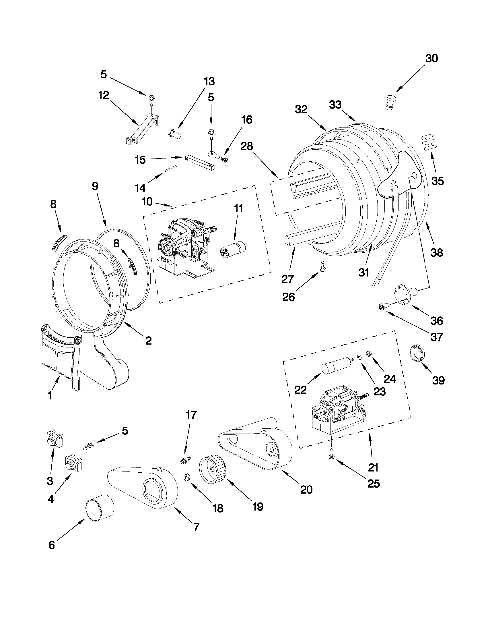 Whirlpool YWED7500VW0 drum and motor parts diagram