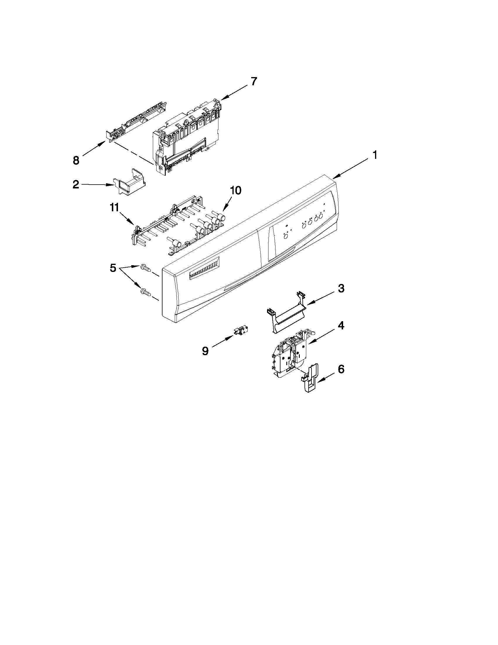 Whirlpool WDF310PAAS1 control panel and latch parts diagram