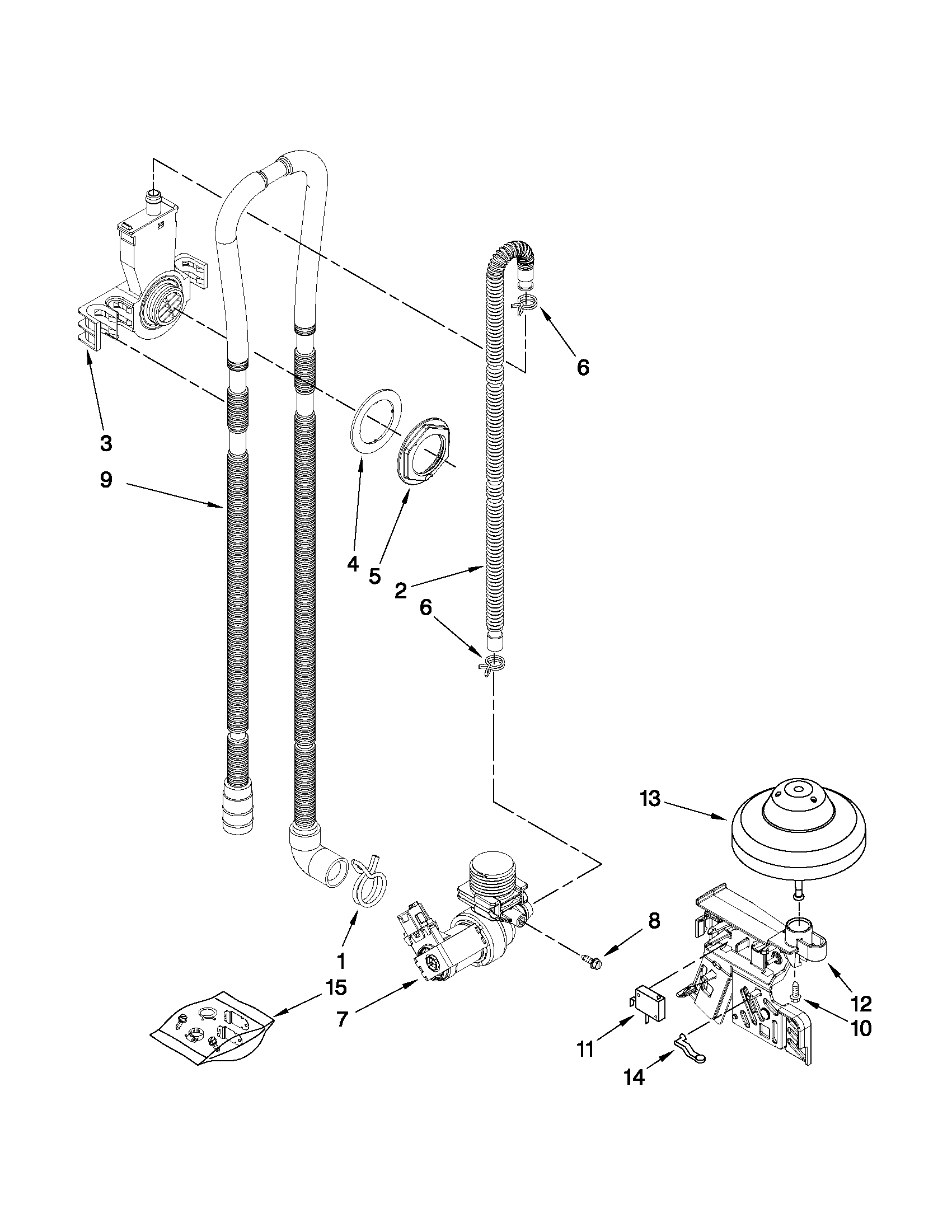 Whirlpool WDF310PAAS1 fill, drain and overfill parts diagram