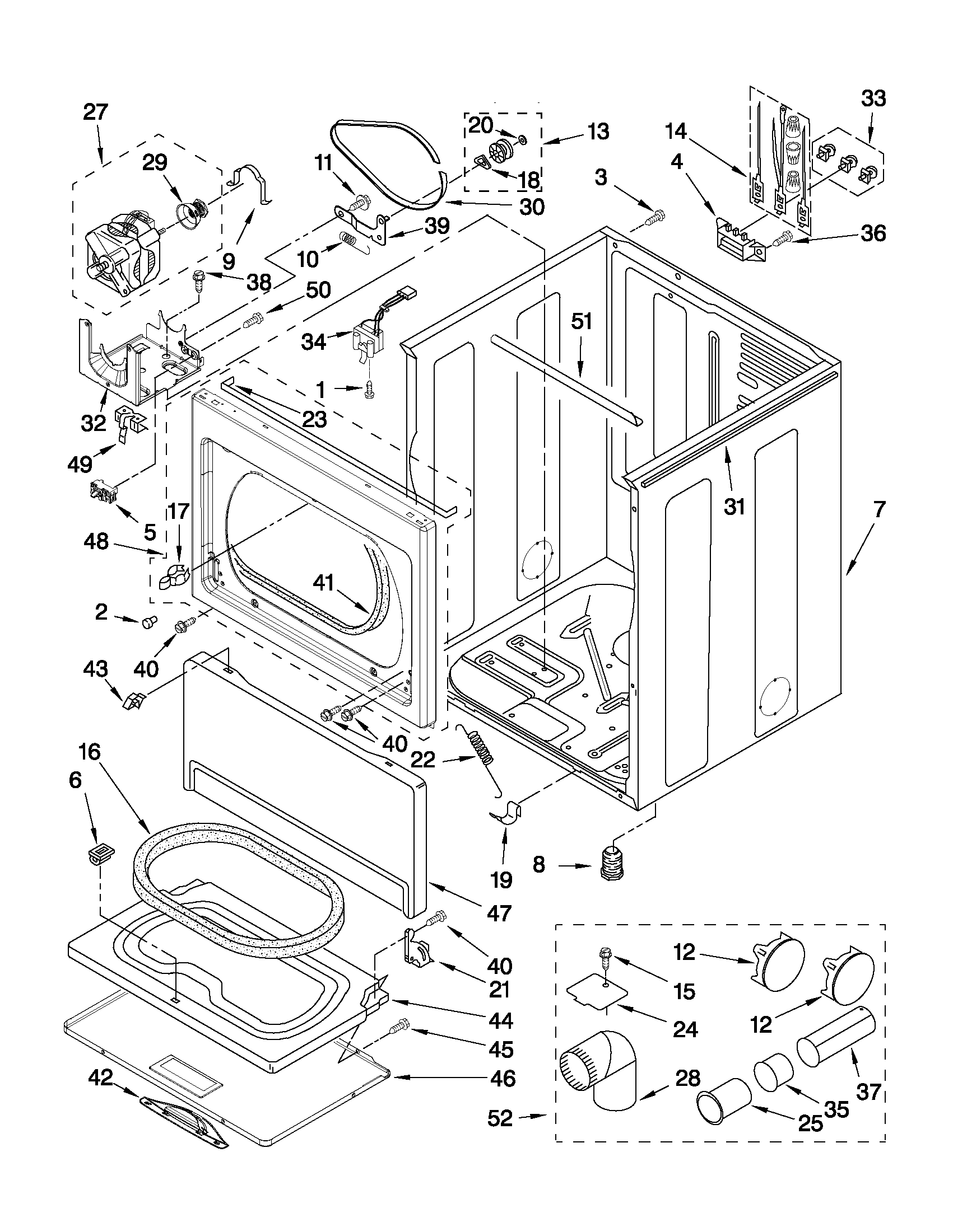 Whirlpool 3LWED5500YW0 cabinet parts diagram