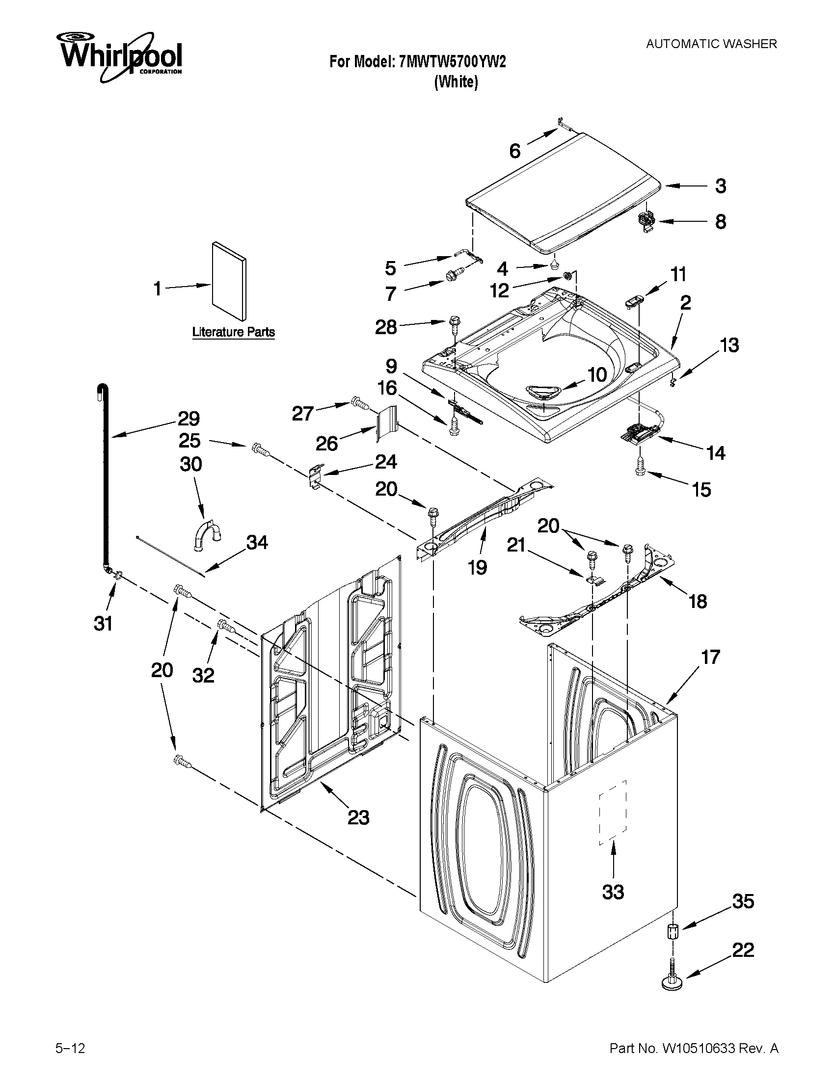 Whirlpool 7MWTW5700YW2 top and cabinet parts diagram