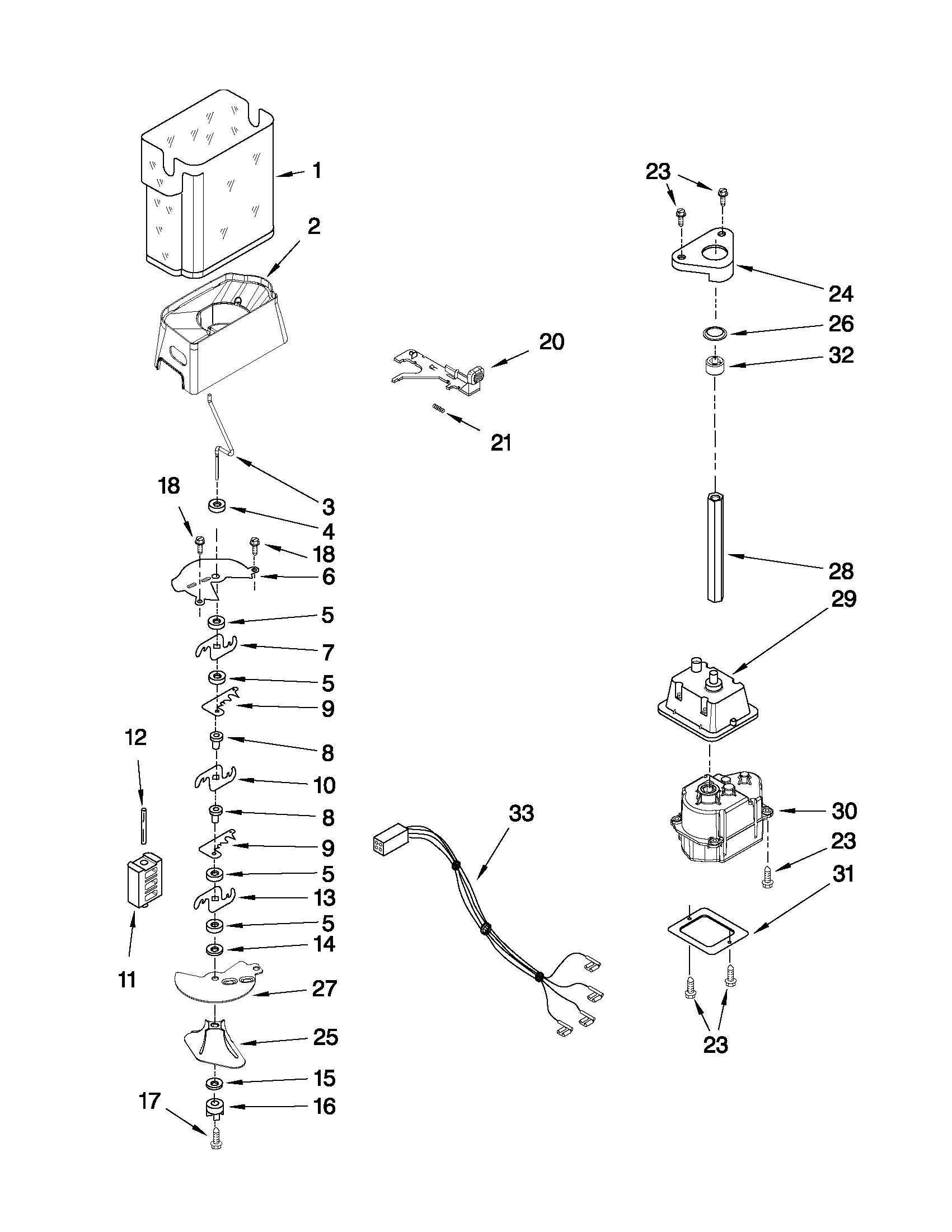 KitchenAid KSBS25INBT03 motor and ice container parts diagram