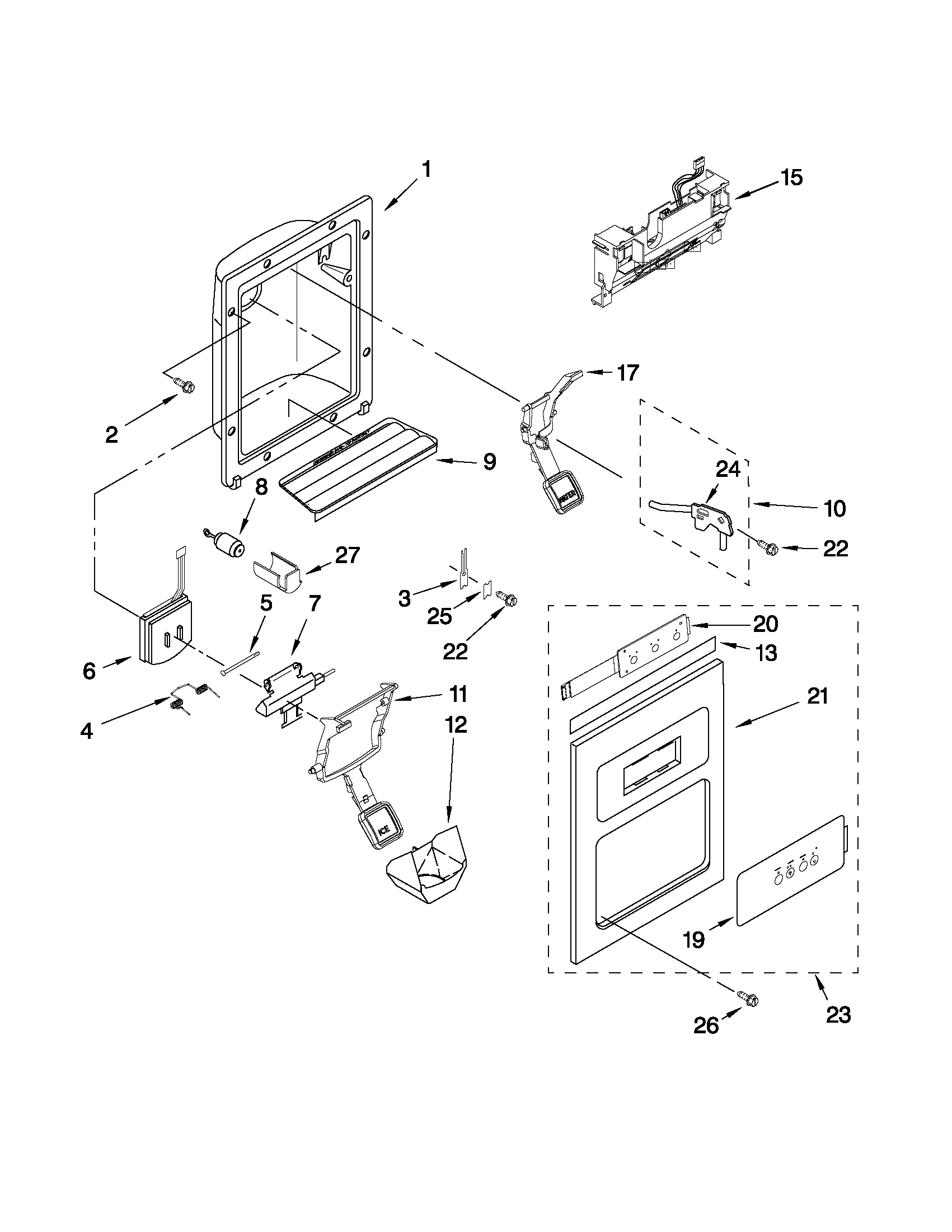KitchenAid KSBS25INBT03 dispenser front parts diagram