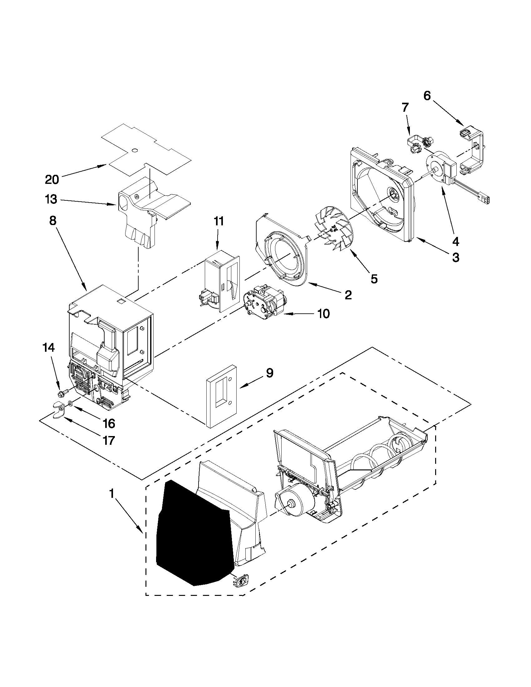 Whirlpool GI5FVAXYB00 motor and ice container parts diagram