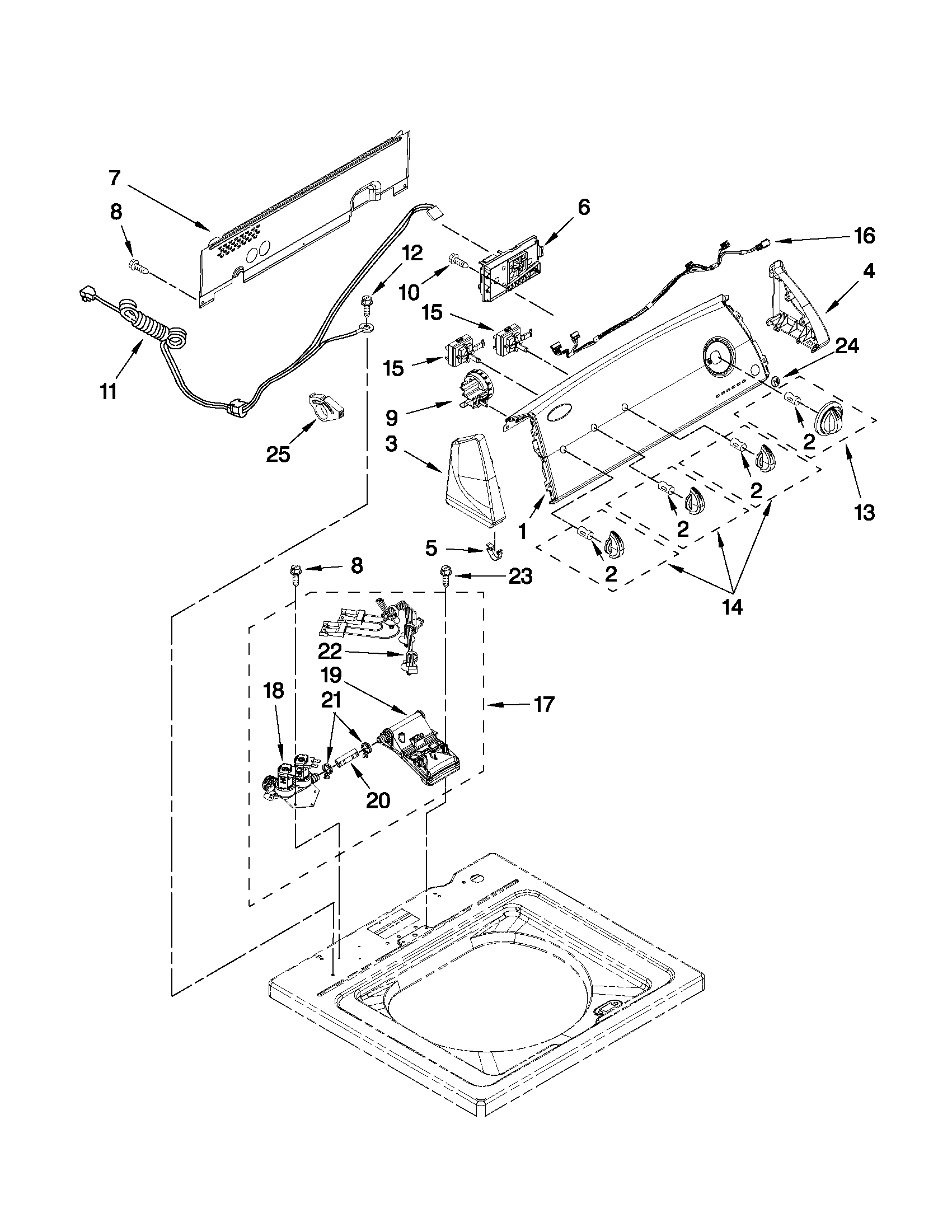 Whirlpool 2DWTW4800YQ0 controls and water inlet parts diagram