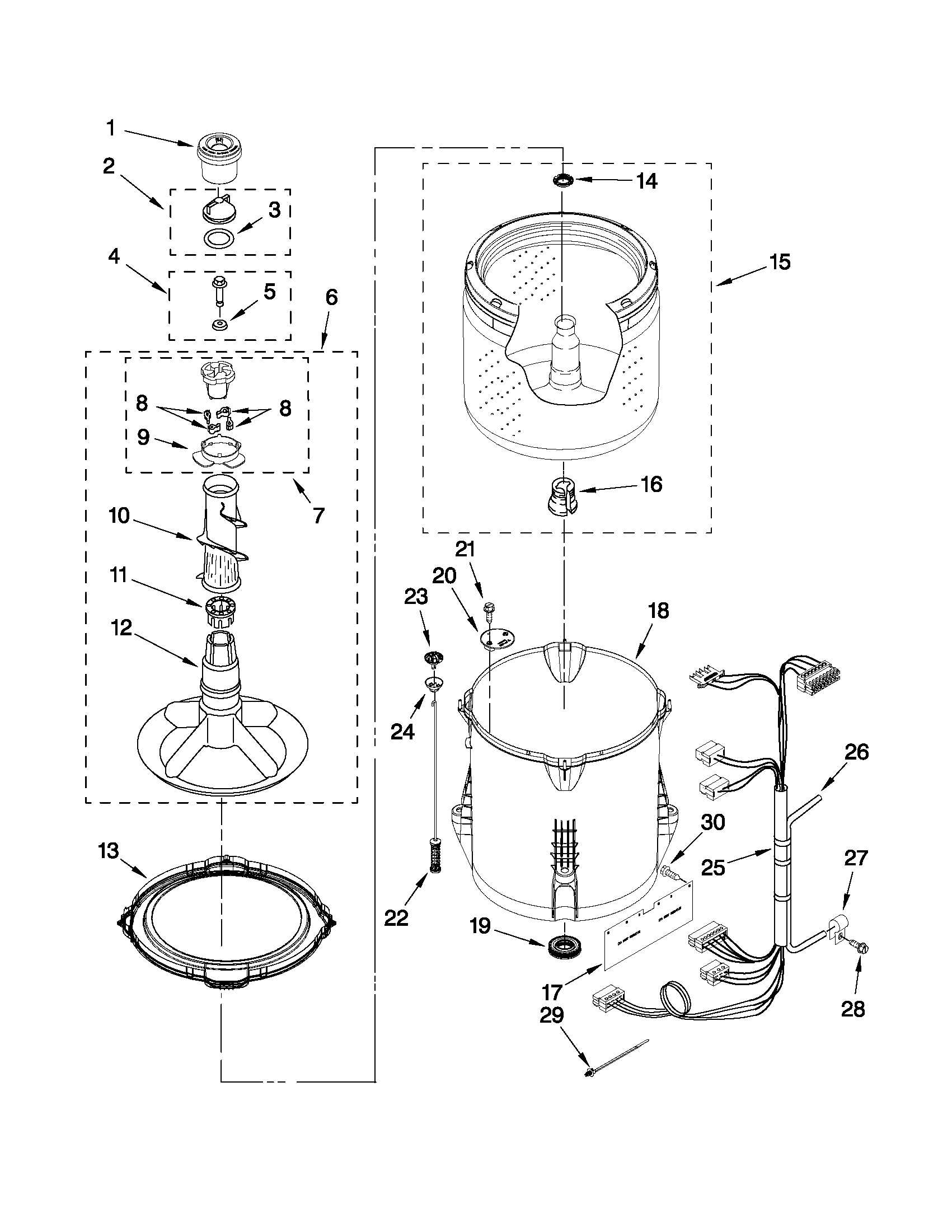 Whirlpool 2DWTW4800YQ0 basket and tub parts diagram