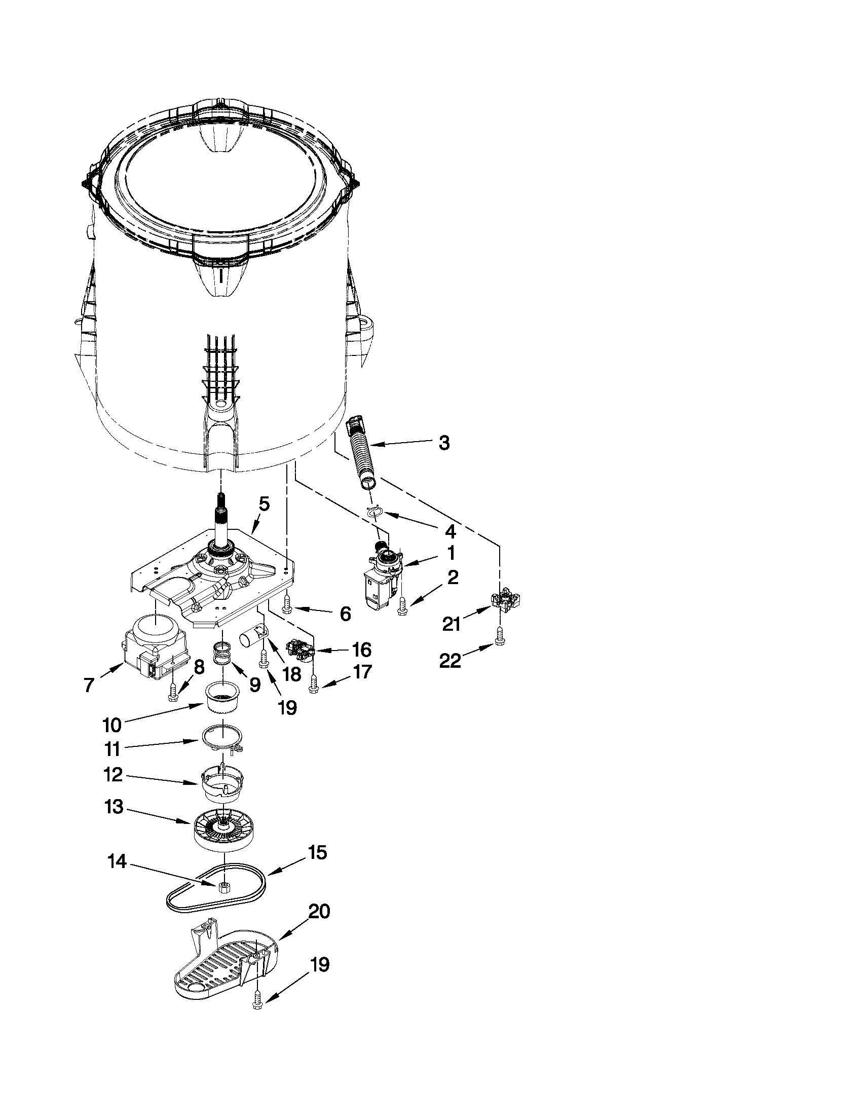 Whirlpool 2DWTW4800YQ0 gearcase, motor and pump parts diagram