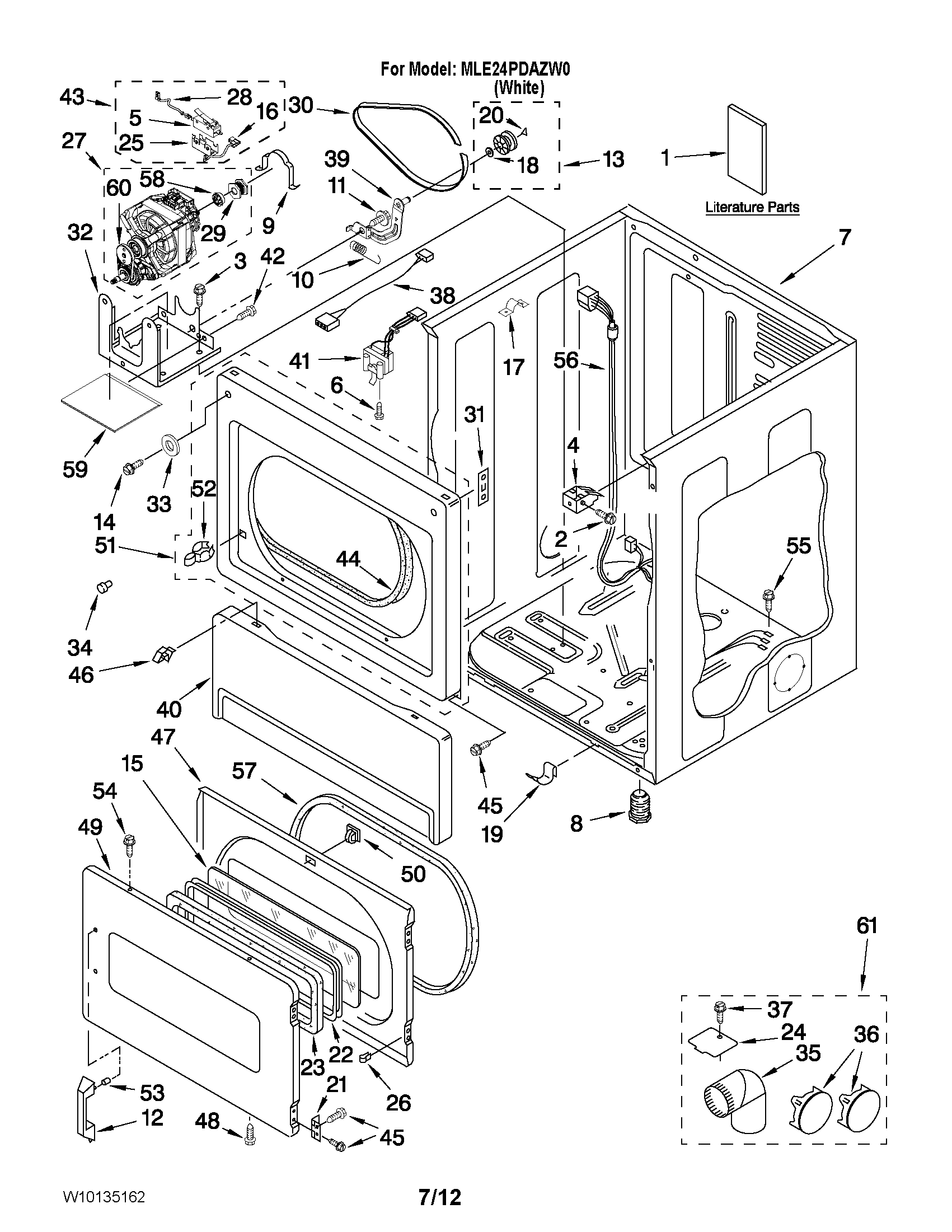 Maytag MLE24PDAZW0 lower cabinet and front panel parts diagram