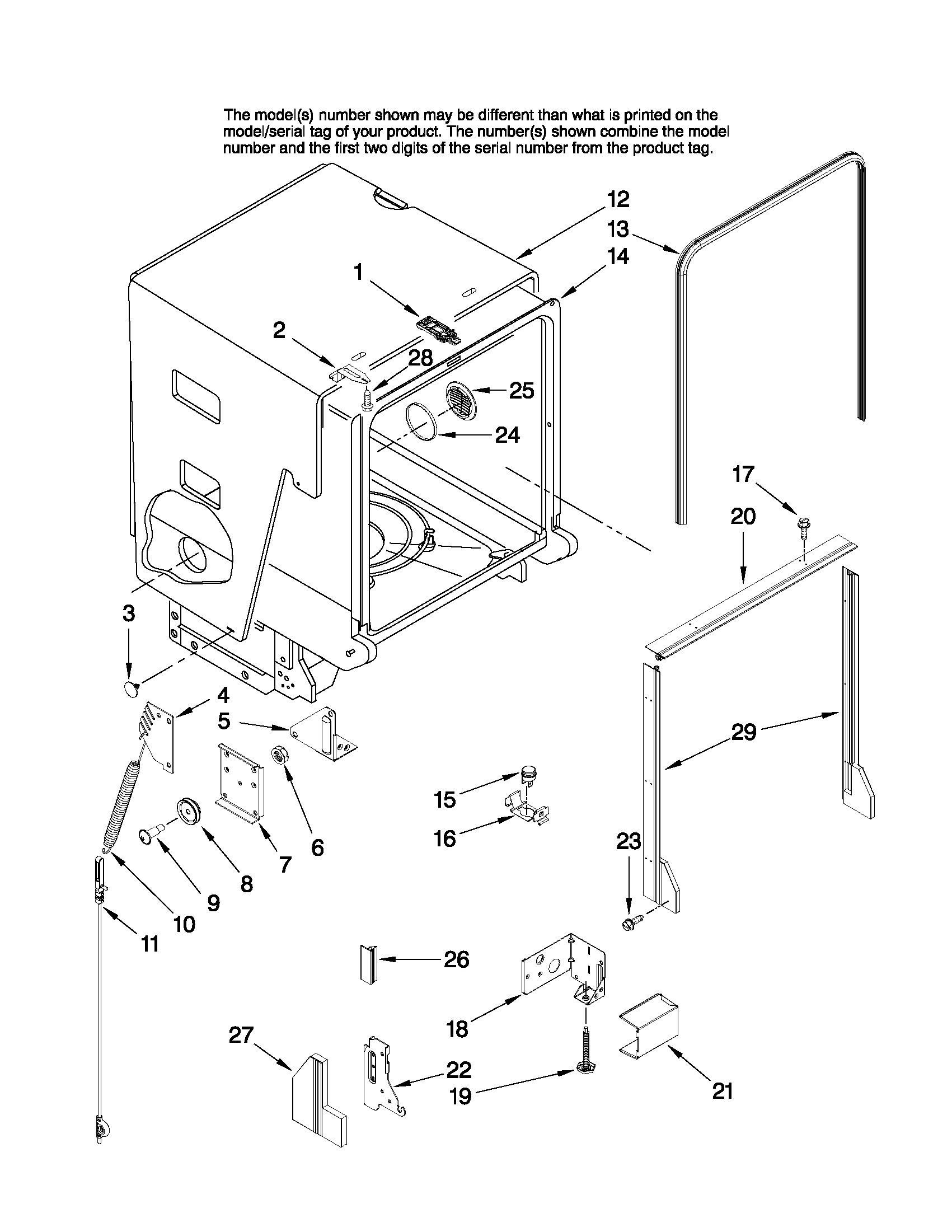 Amana ADB2500AWQ3 tub and frame parts diagram